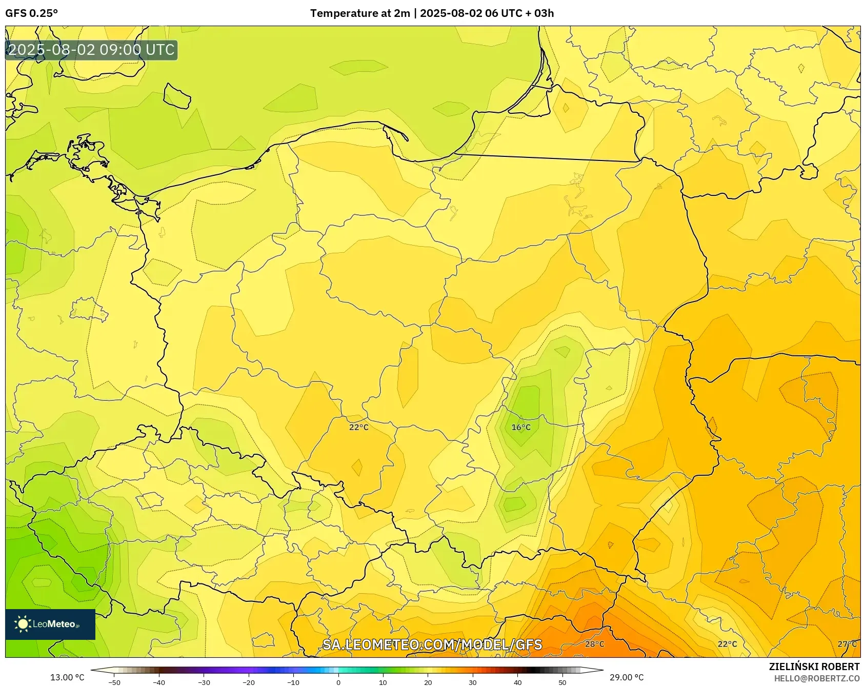 GFS model - Poland, Suhu pada 2 m GFS model - Poland, Suhu pada 2 m