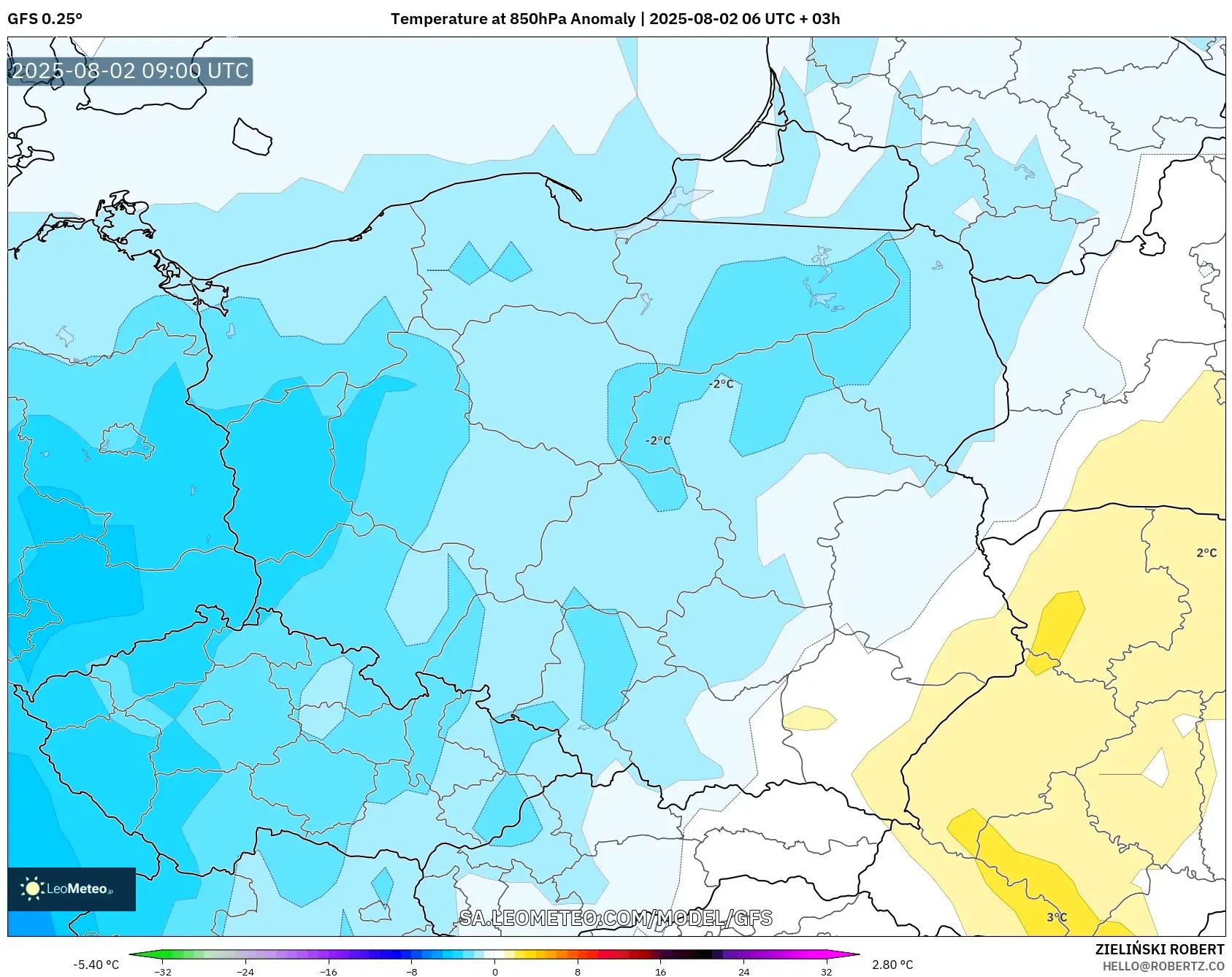 GFS model - Polandia, Anomali Suhu 850 hPa