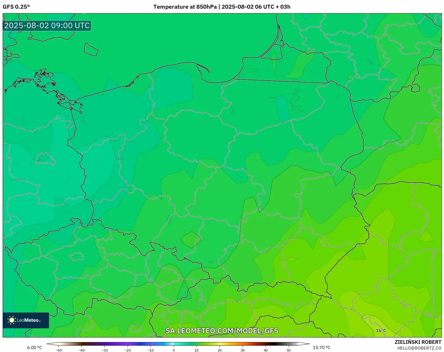 GFS model - Polandia, Suhu 850 hPa GFS model - Polandia, Suhu 850 hPa