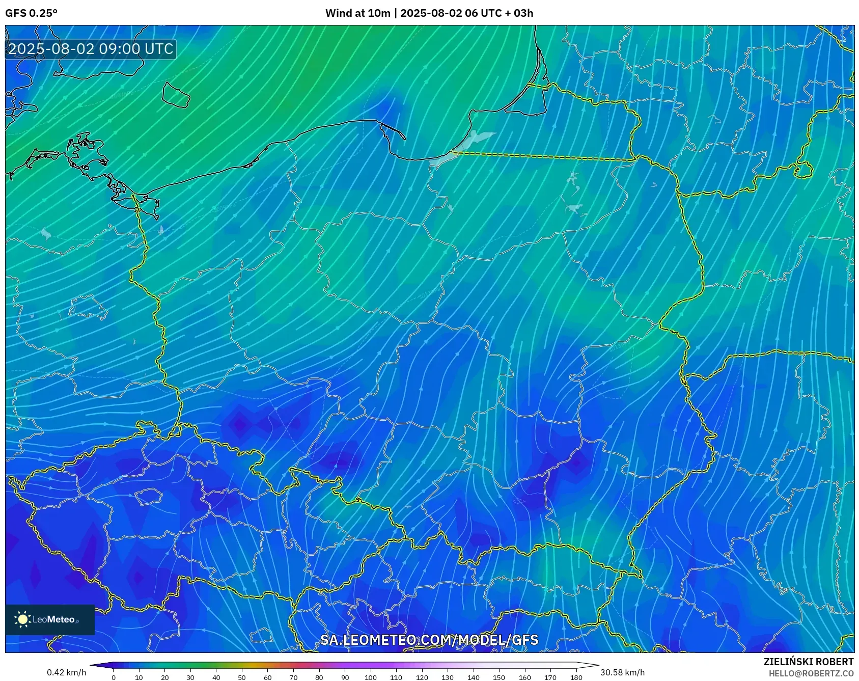 GFS model - Poland, Angin 10 m GFS model - Poland, Angin 10 m