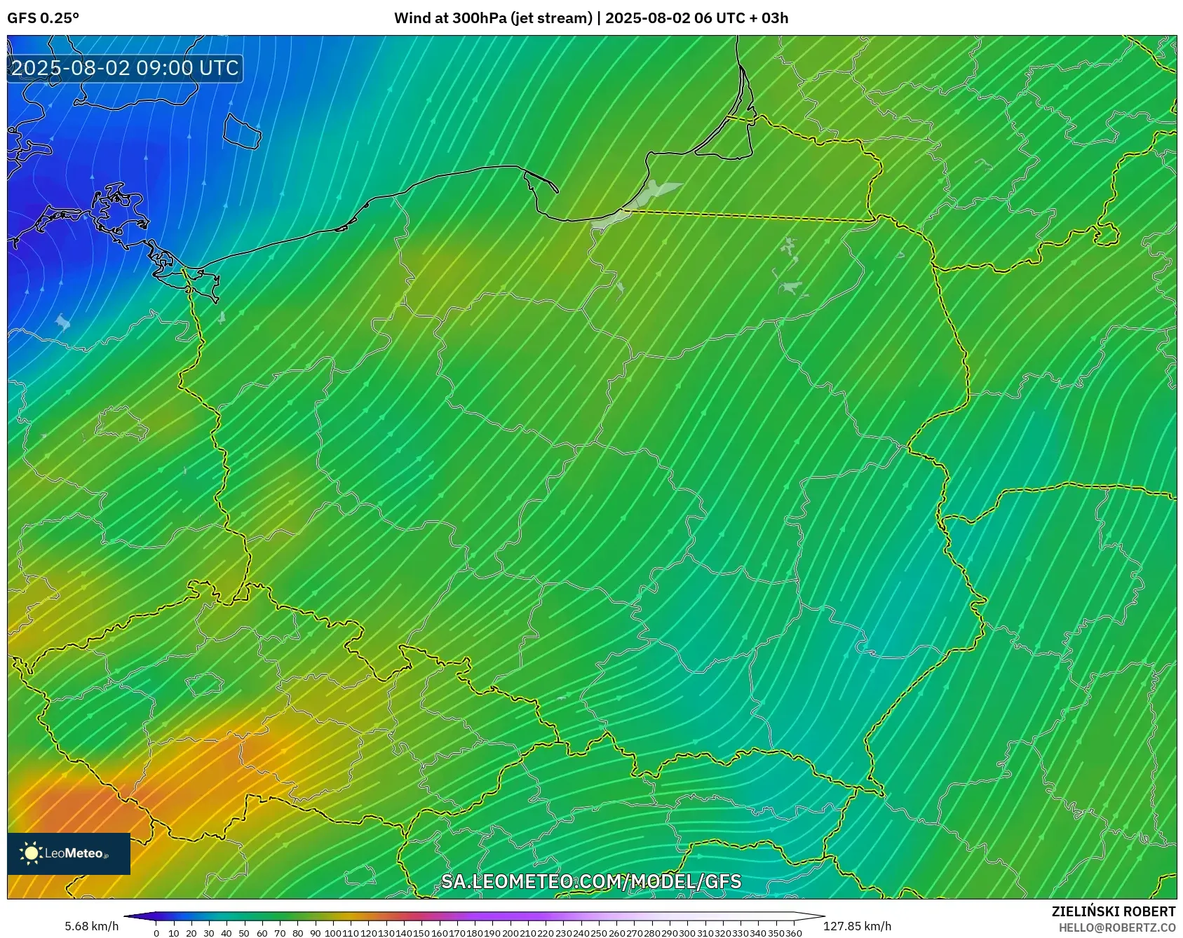 GFS model - Poland, Wind at 300hPa (jet stream)
