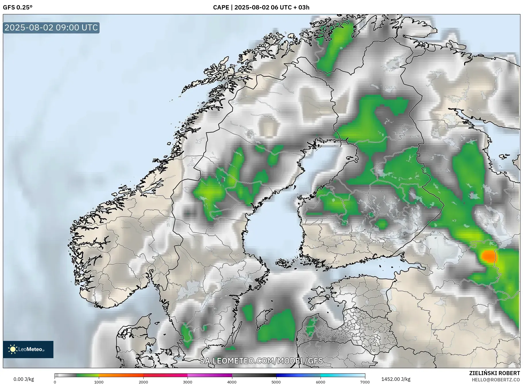GFS model - Skandinavia, CAPE GFS model - Skandinavia, CAPE