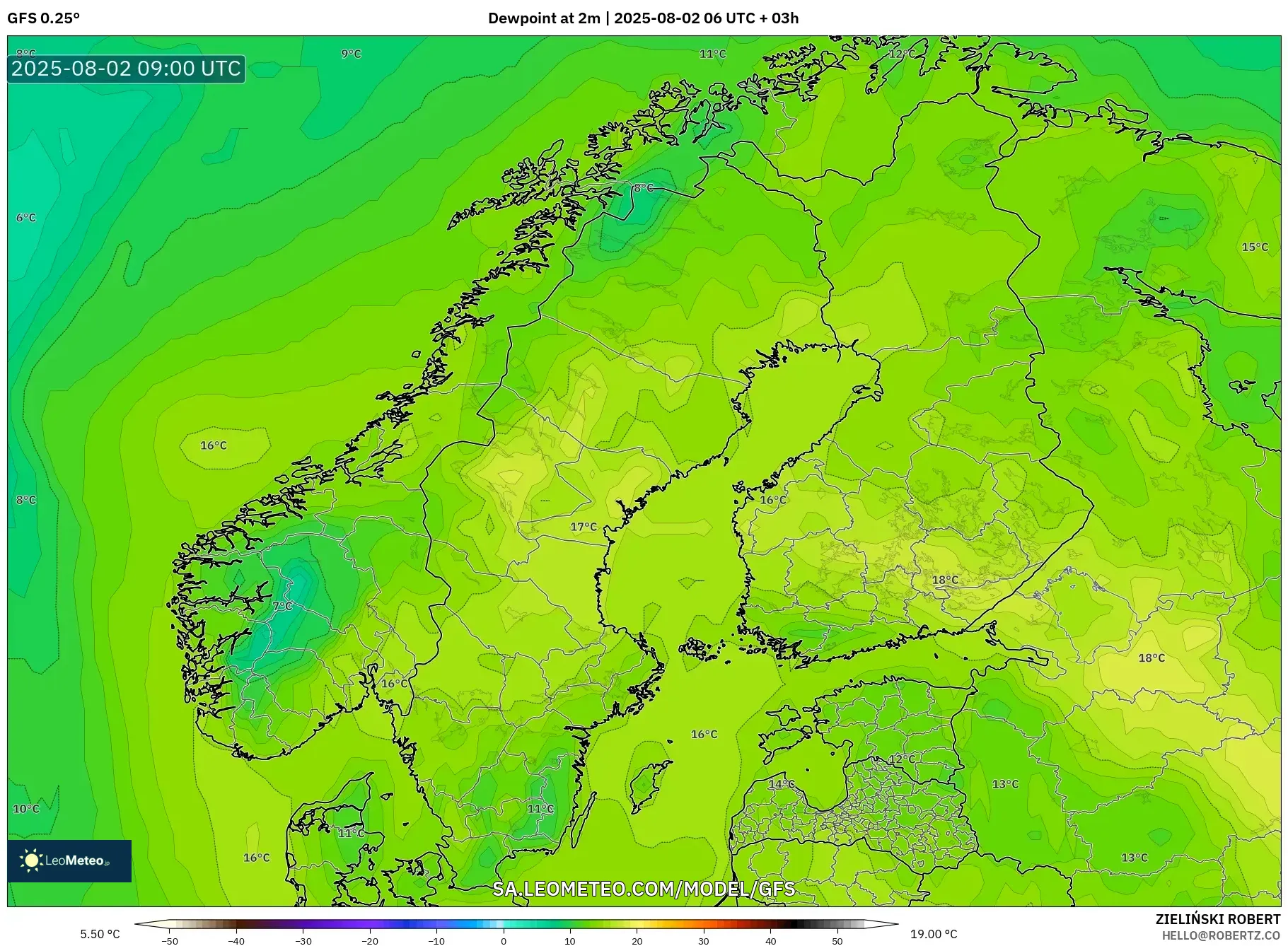 GFS model - Skandinavia, Titik Embun 2 m GFS model - Skandinavia, Titik Embun 2 m