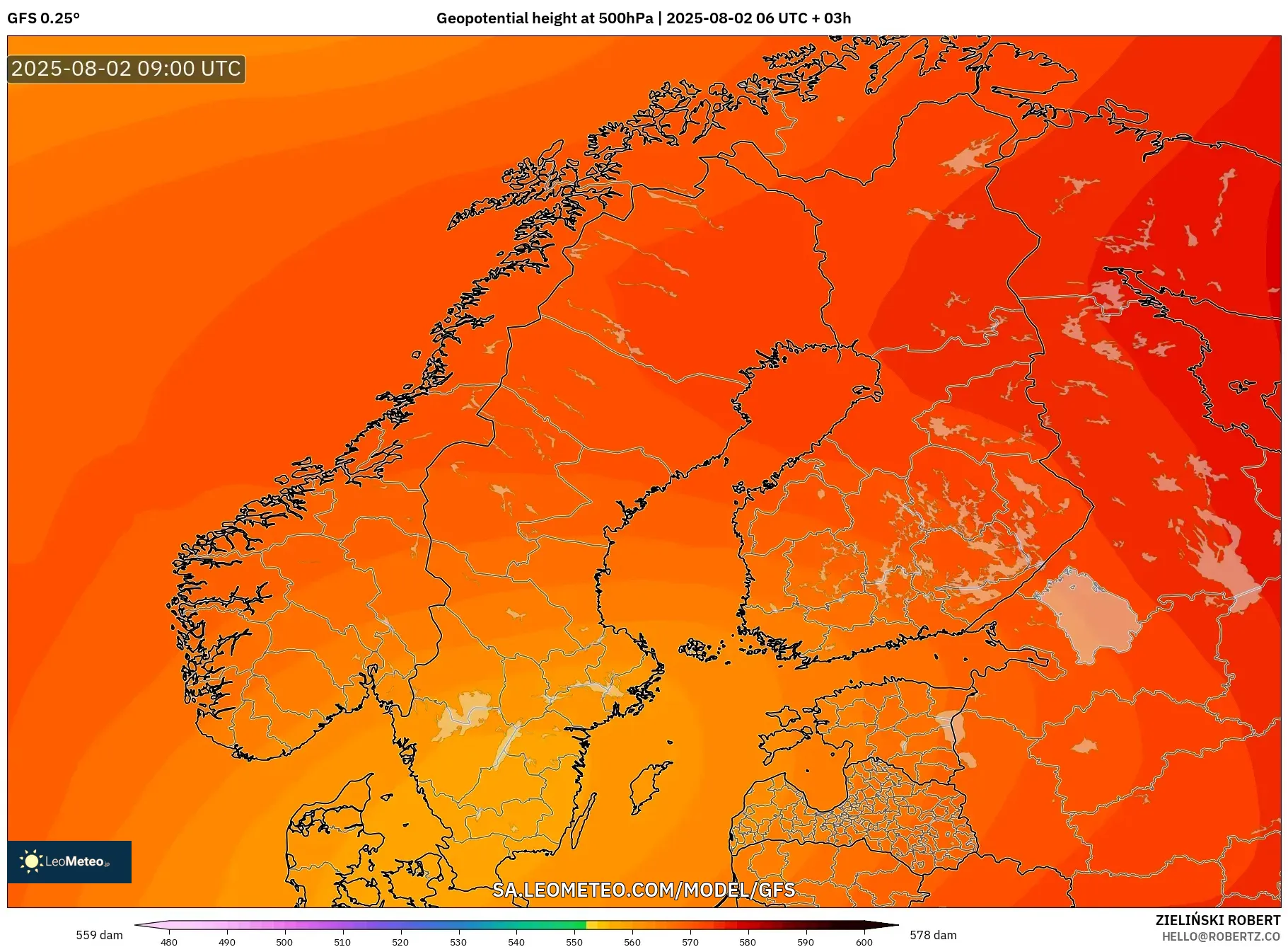 GFS model - Skandinavia, Ketinggian geopotensial pada 500 hPa GFS model - Skandinavia, Ketinggian geopotensial pada 500 hPa
