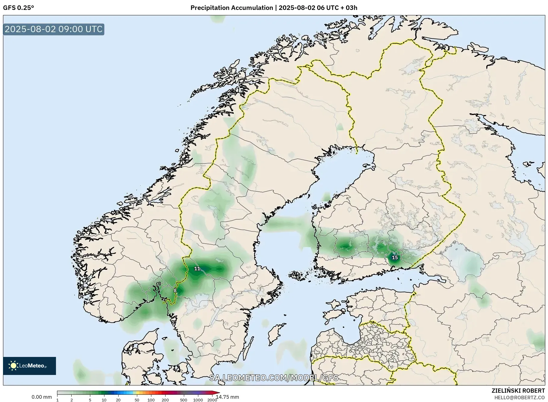 GFS model - Skandinavia, Akumulasi Curah Hujan GFS model - Skandinavia, Akumulasi Curah Hujan