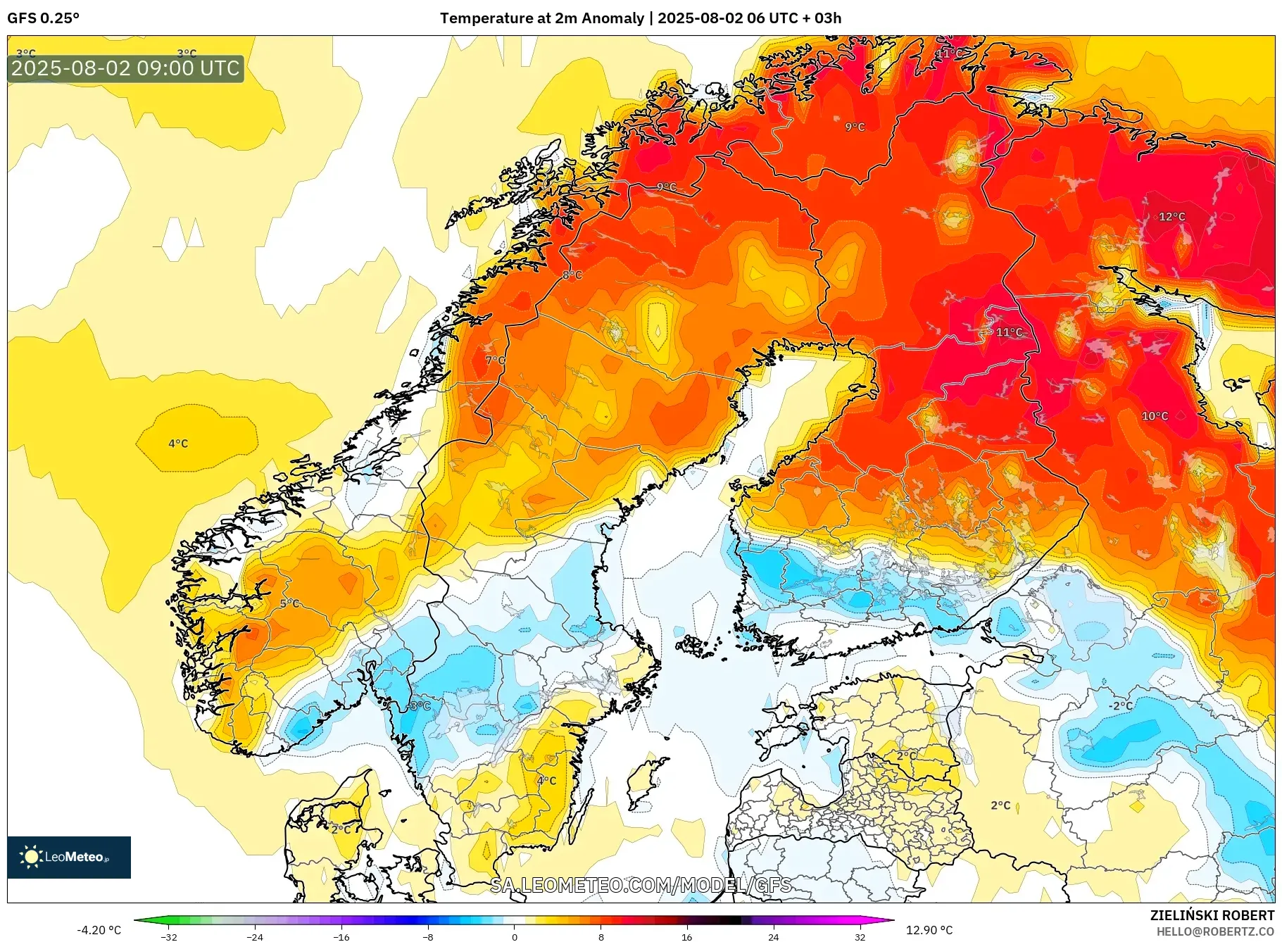 GFS model - Skandinavia, Anomali Suhu 2 m