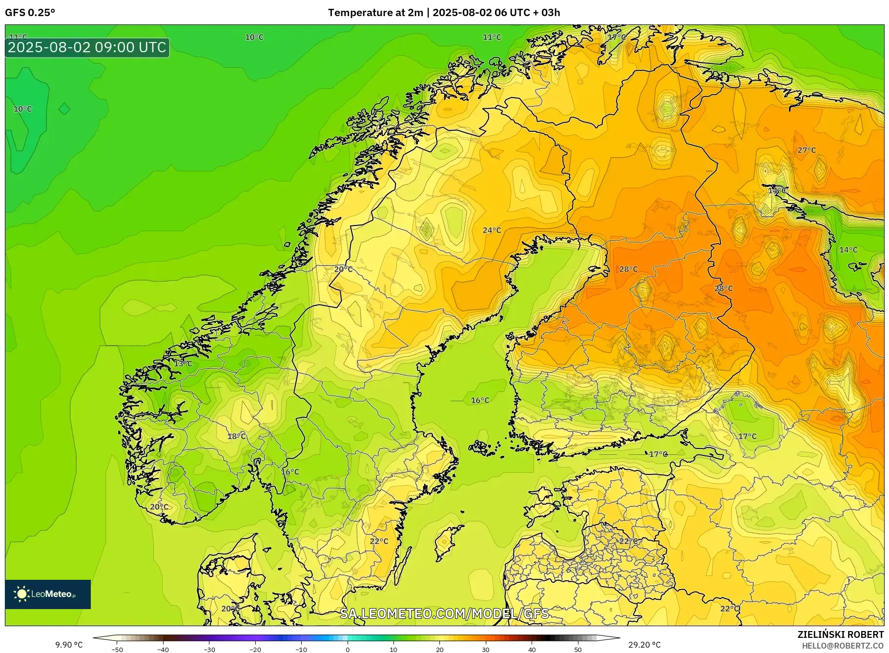GFS model - Skandinavia, Suhu 2 m GFS model - Skandinavia, Suhu 2 m