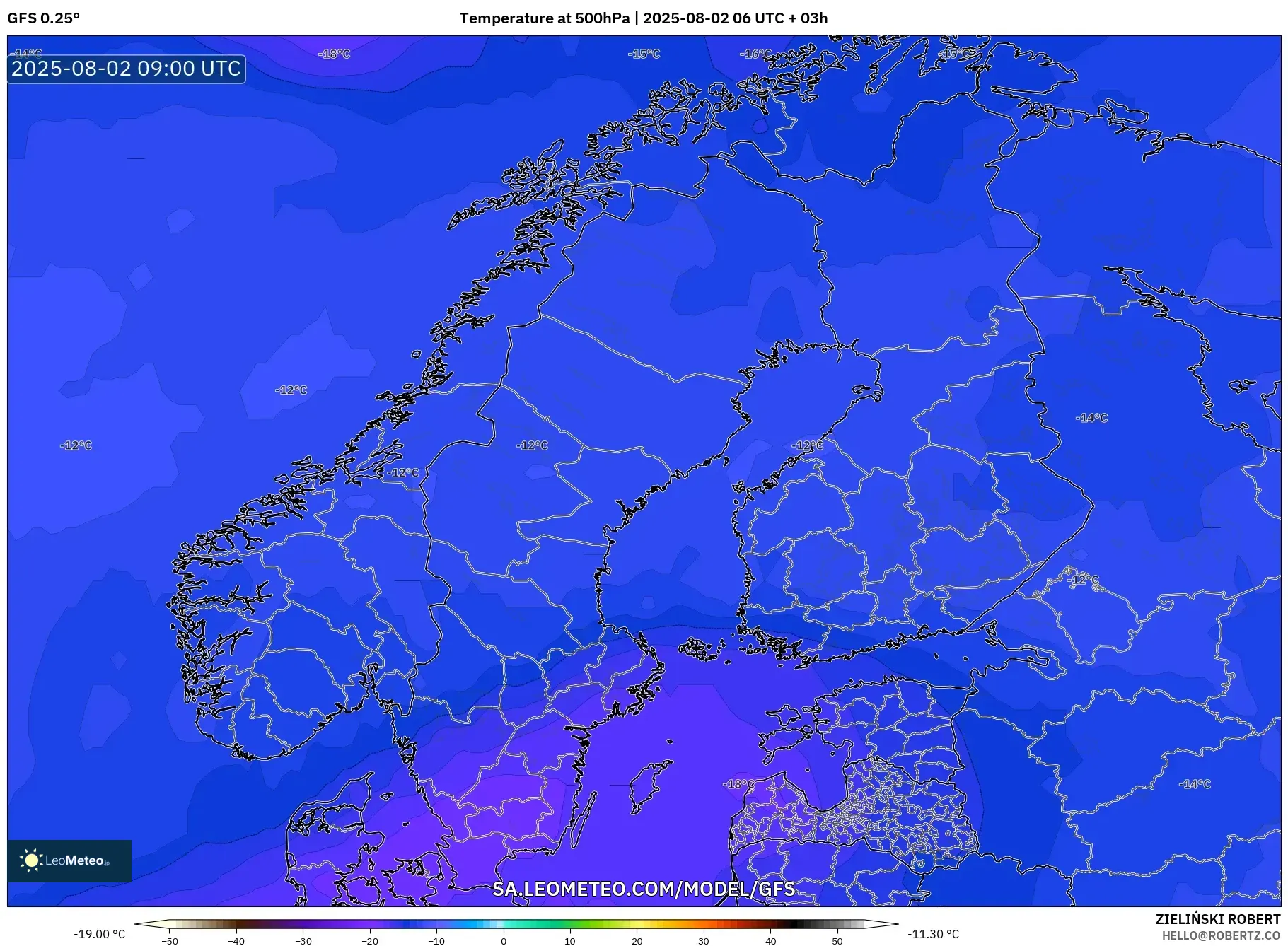 GFS model - Skandinavia, Suhu 500 hPa