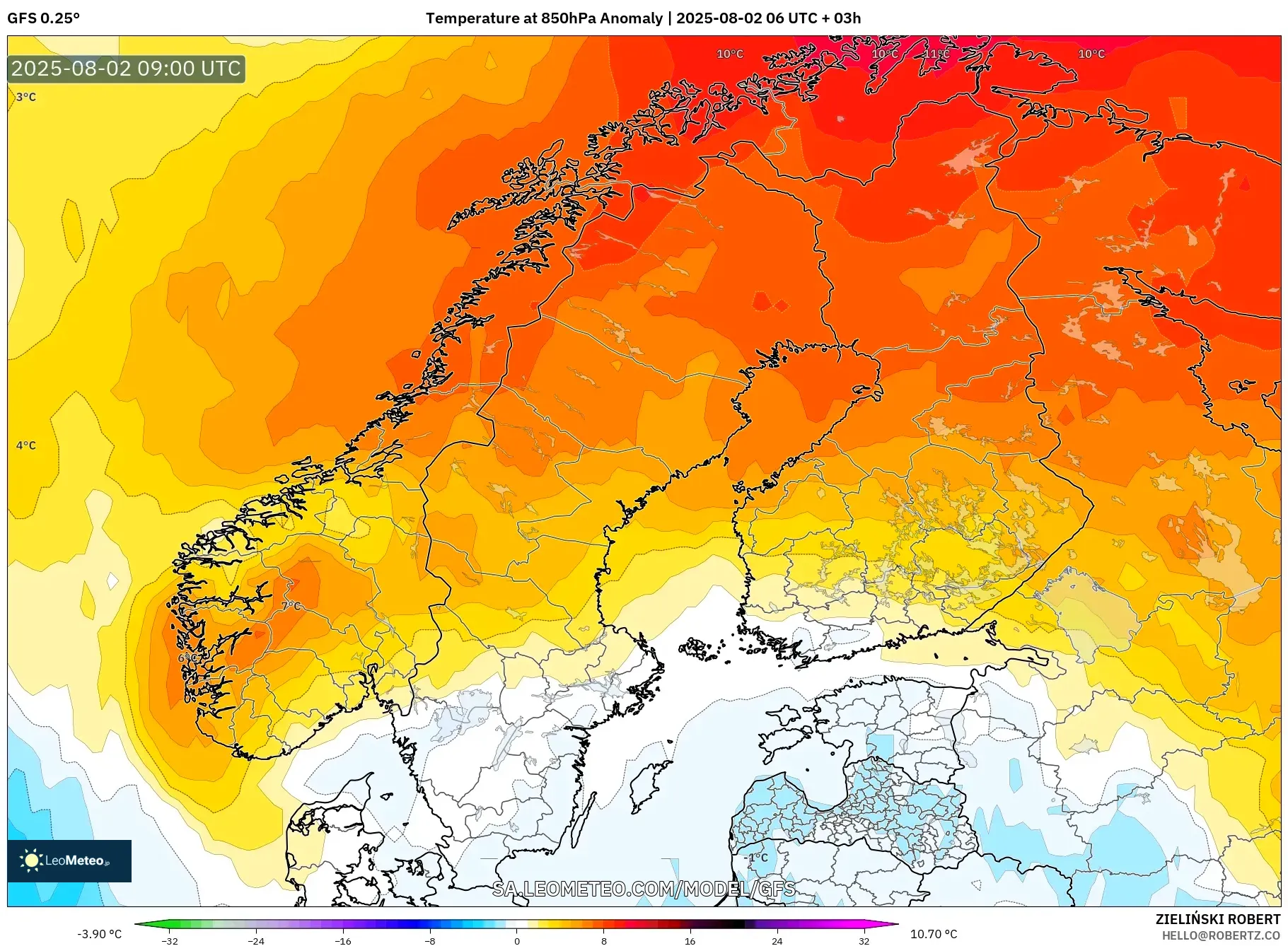 GFS model - Skandinavia, Anomali Suhu 850 hPa GFS model - Skandinavia, Anomali Suhu 850 hPa