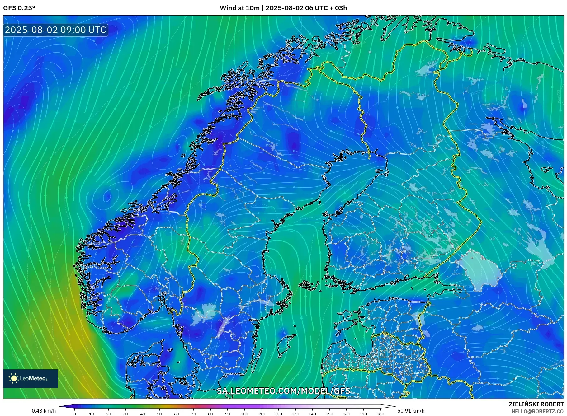 GFS model - Skandinavia, Angin 10 m GFS model - Skandinavia, Angin 10 m