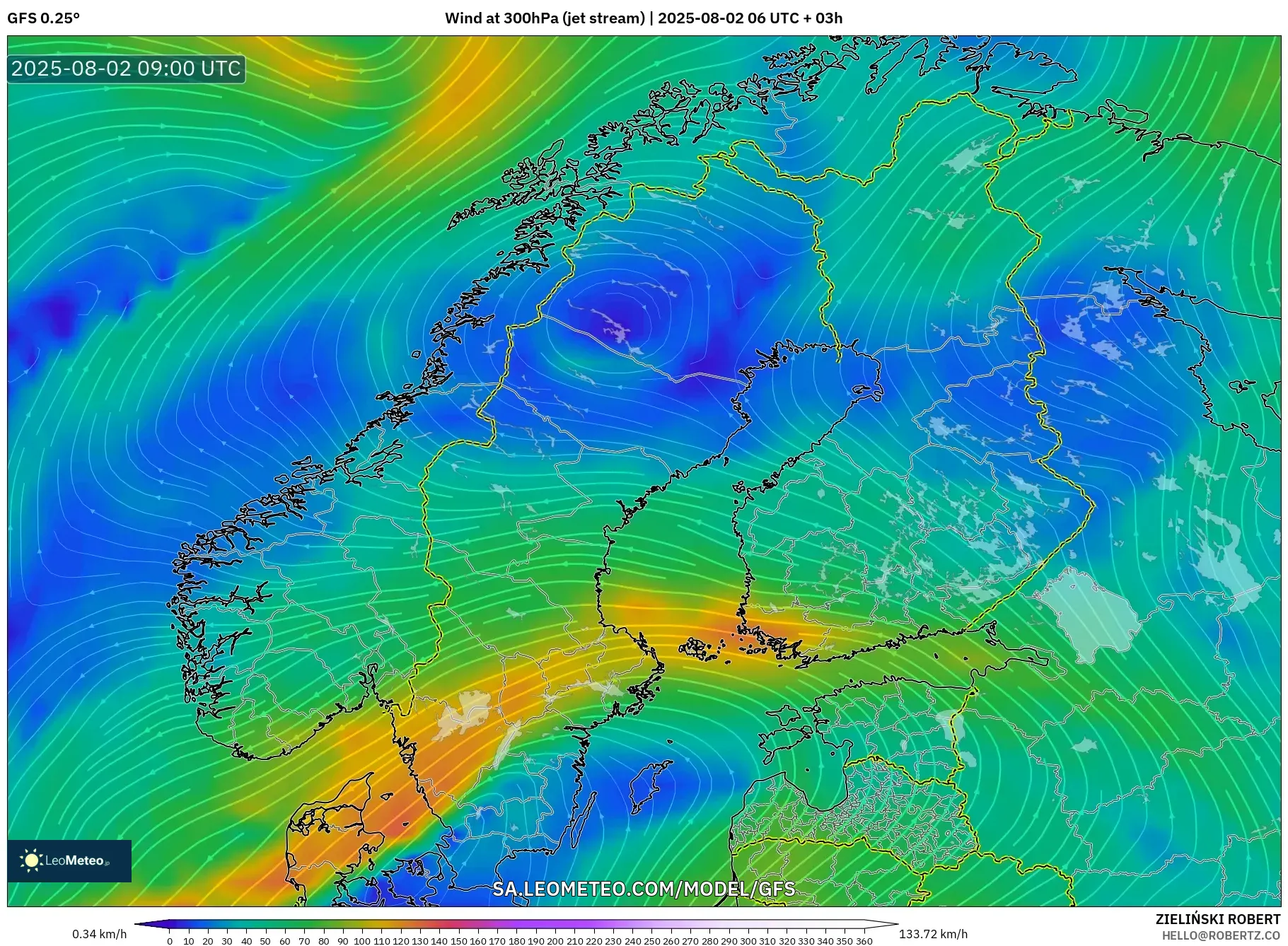 GFS model - Skandinavia, Angin 300 hPa (aliran jet) GFS model - Skandinavia, Angin 300 hPa (aliran jet)