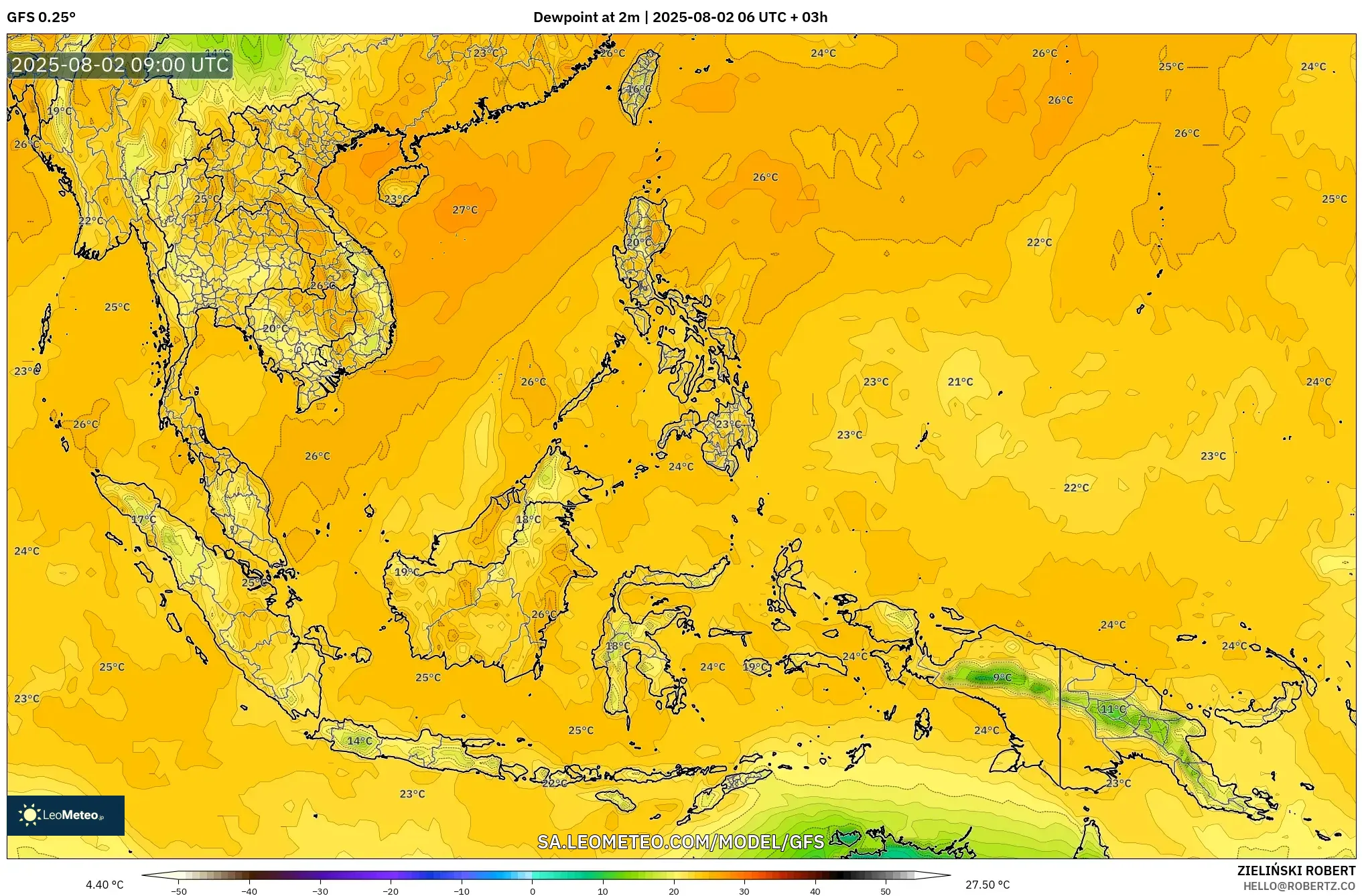 GFS model - Asia Tenggara, Titik Embun 2 m GFS model - Asia Tenggara, Titik Embun 2 m