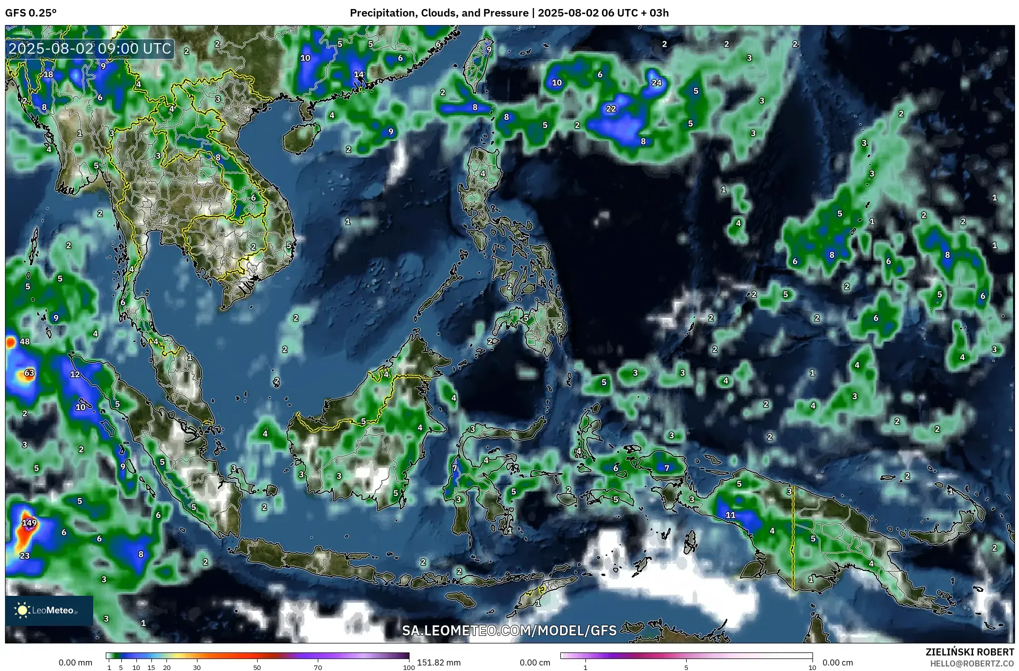GFS model - Asia Tenggara, Curah Hujan, Awan, dan Tekanan GFS model - Asia Tenggara, Curah Hujan, Awan, dan Tekanan