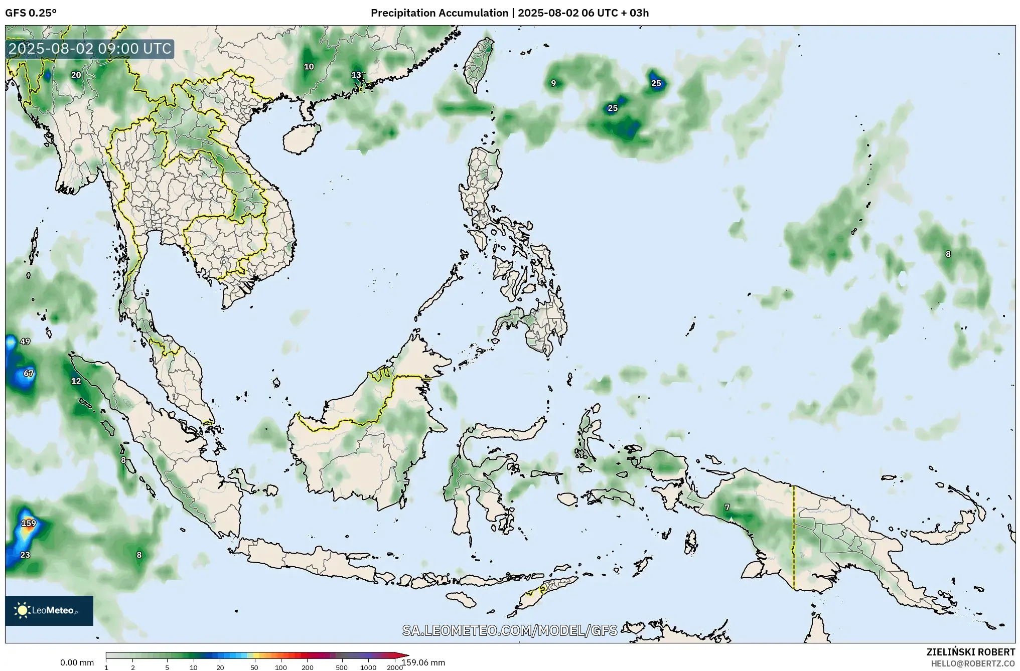 GFS model - Asia Tenggara, Akumulasi Curah Hujan GFS model - Asia Tenggara, Akumulasi Curah Hujan