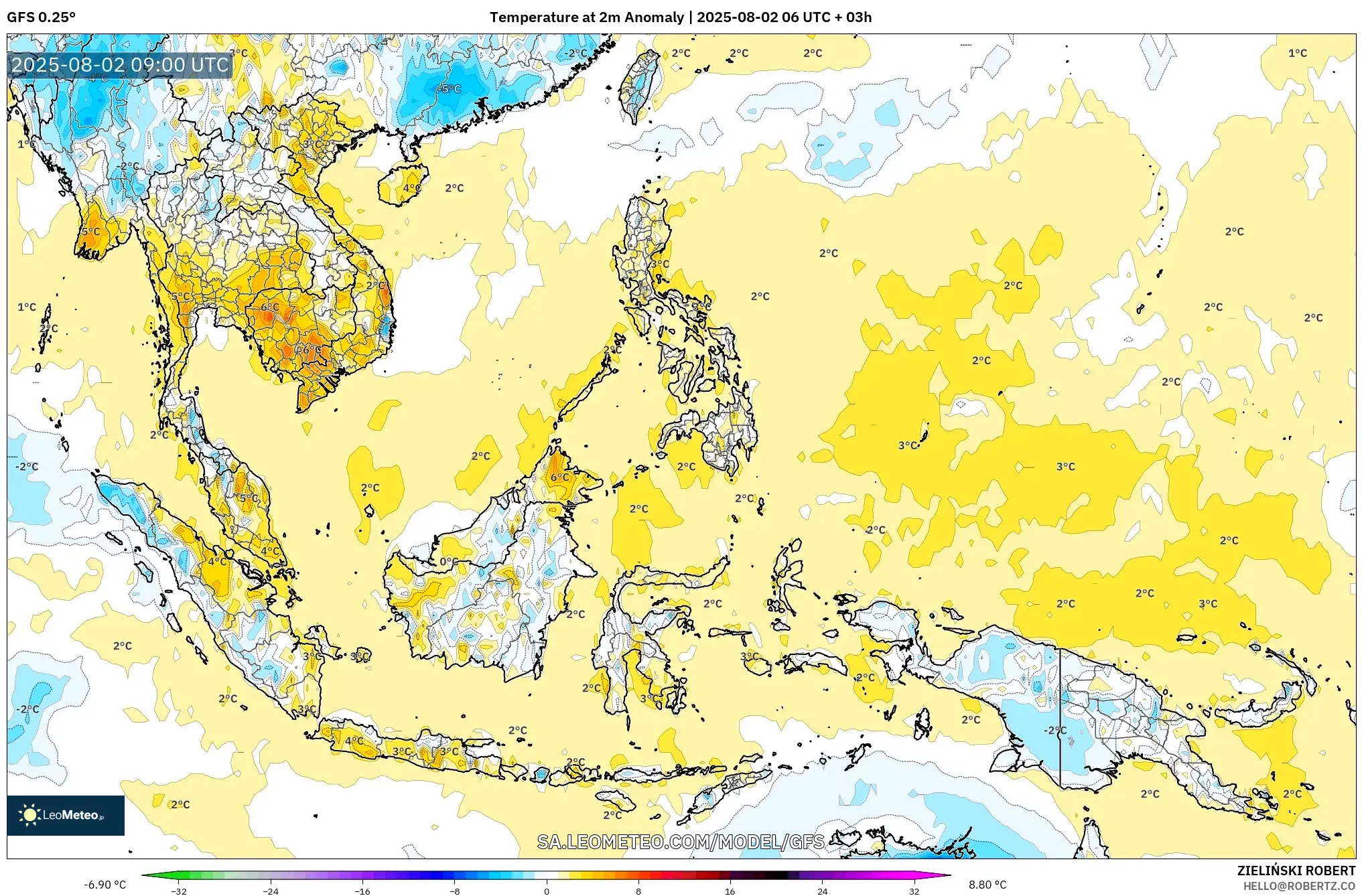 GFS model - Asia Tenggara, Anomali Suhu 2 m