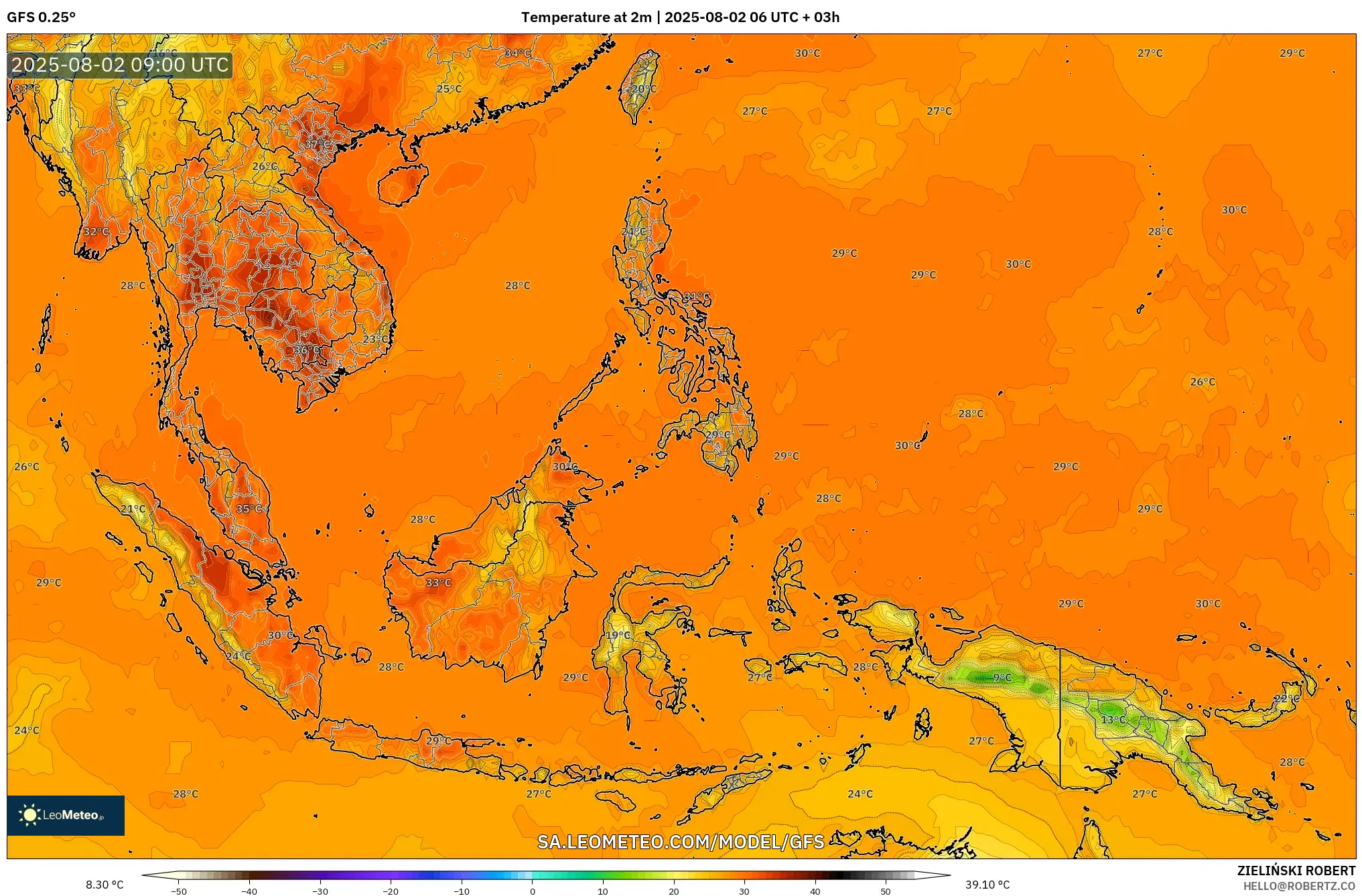 GFS model - Asia Tenggara, Suhu pada 2 m GFS model - Asia Tenggara, Suhu pada 2 m