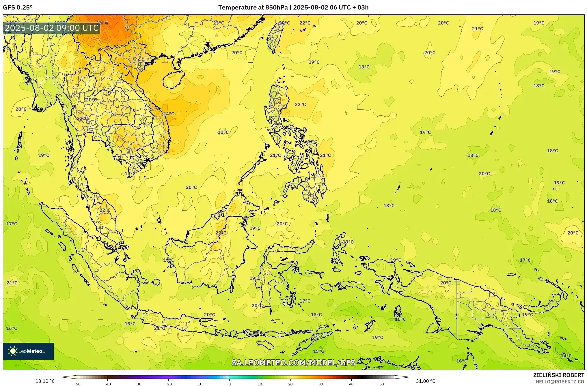 GFS model - Asia Tenggara, Suhu 850 hPa GFS model - Asia Tenggara, Suhu 850 hPa