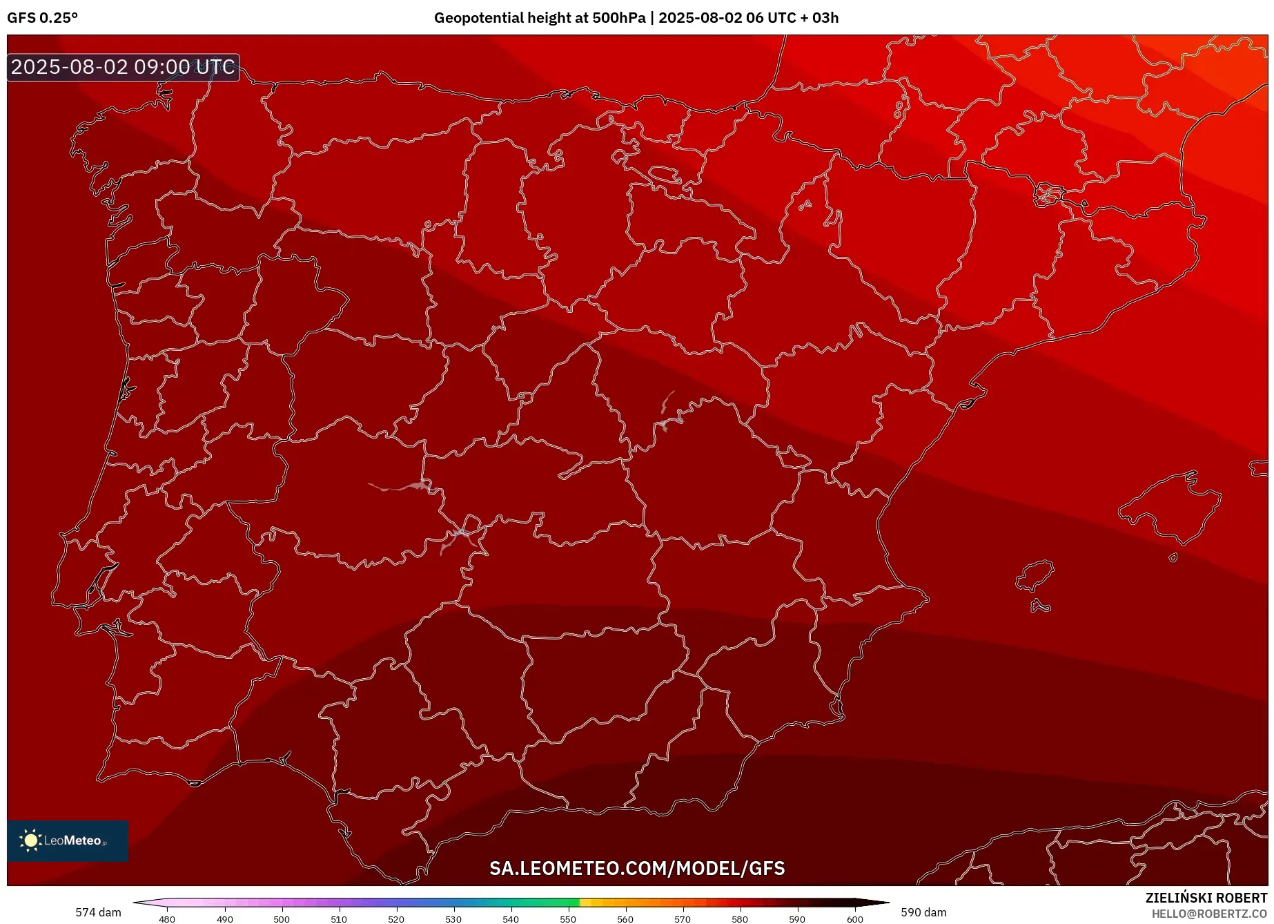 GFS model - Sepanyol, Ketinggian geopotensial pada 500 hPa GFS model - Sepanyol, Ketinggian geopotensial pada 500 hPa