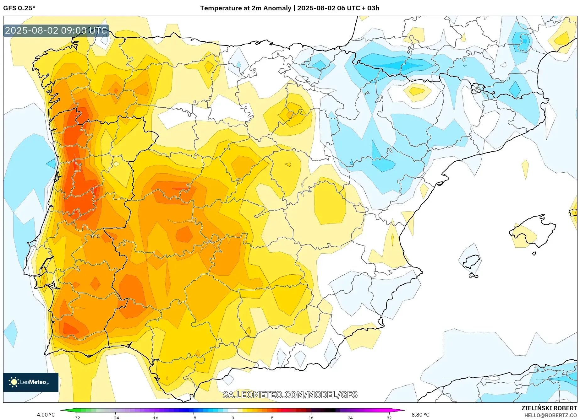 GFS model - Sepanyol, Anomali Suhu 2 m GFS model - Sepanyol, Anomali Suhu 2 m