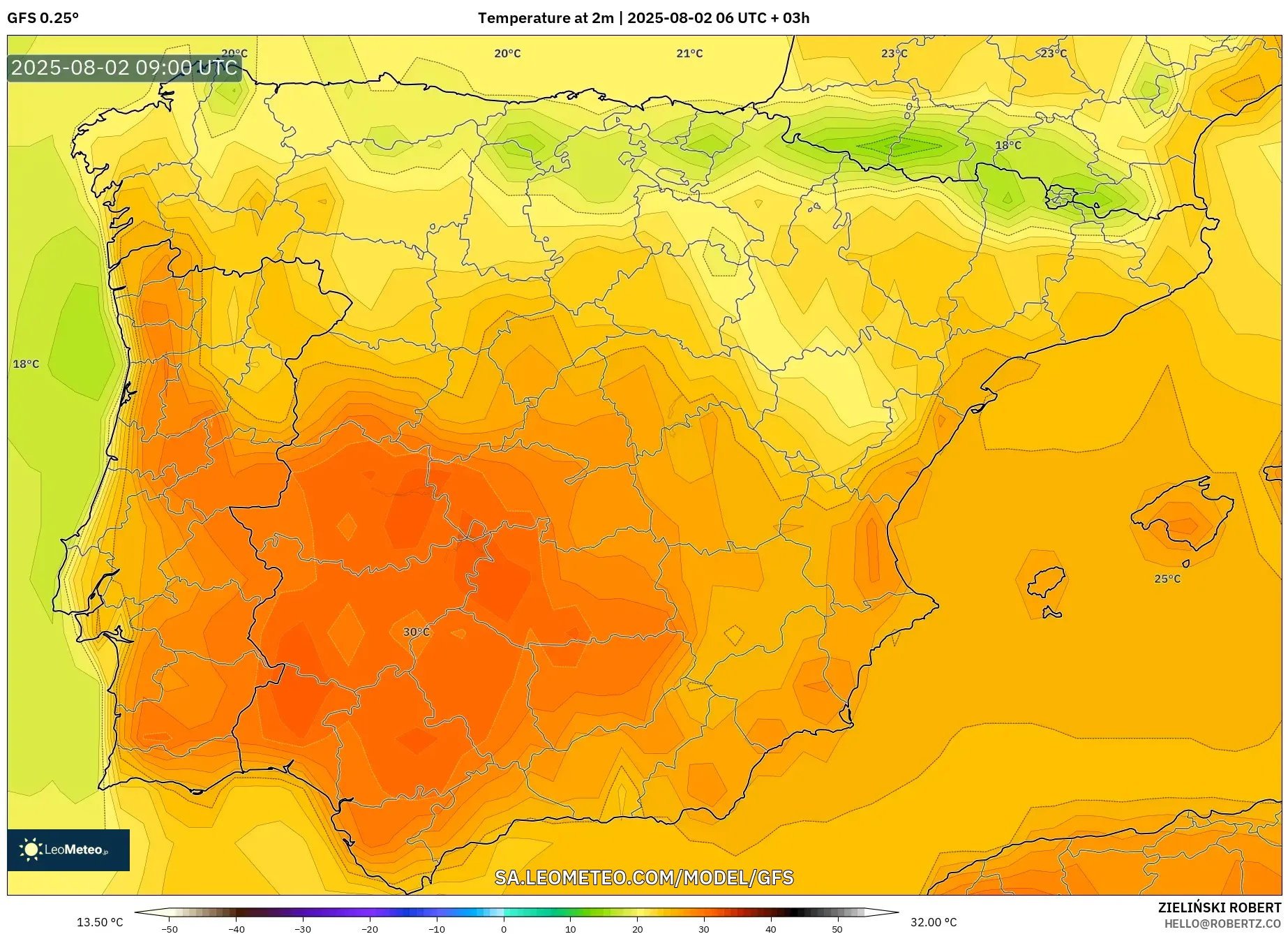 GFS model - Sepanyol, Suhu pada 2 m GFS model - Sepanyol, Suhu pada 2 m