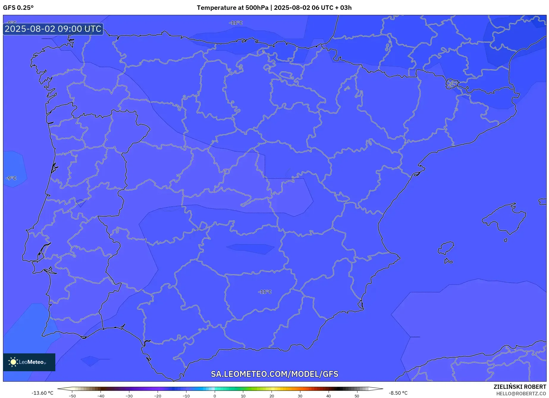 GFS model - Sepanyol, Suhu 500 hPa