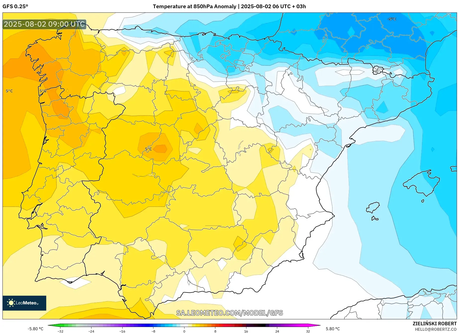 GFS model - Spanyol, Anomali Suhu 850 hPa