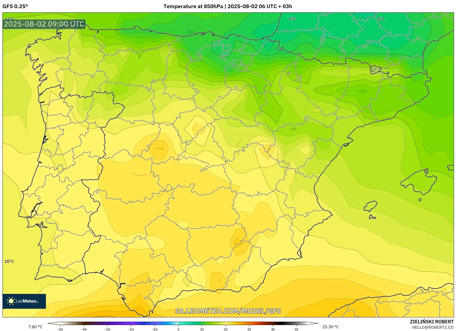 GFS model - Sepanyol, Suhu 850 hPa GFS model - Sepanyol, Suhu 850 hPa