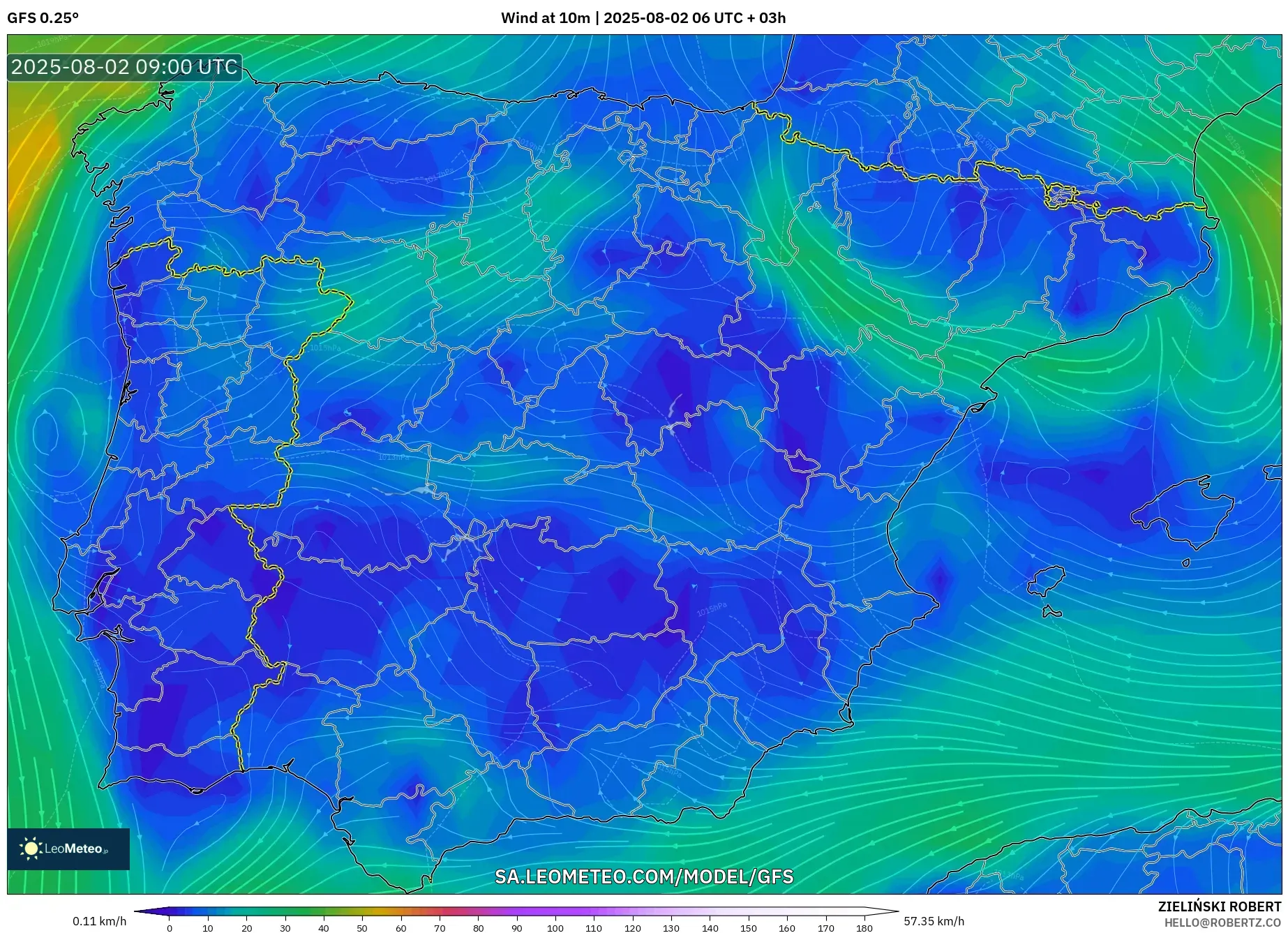 GFS model - Sepanyol, Angin 10 m