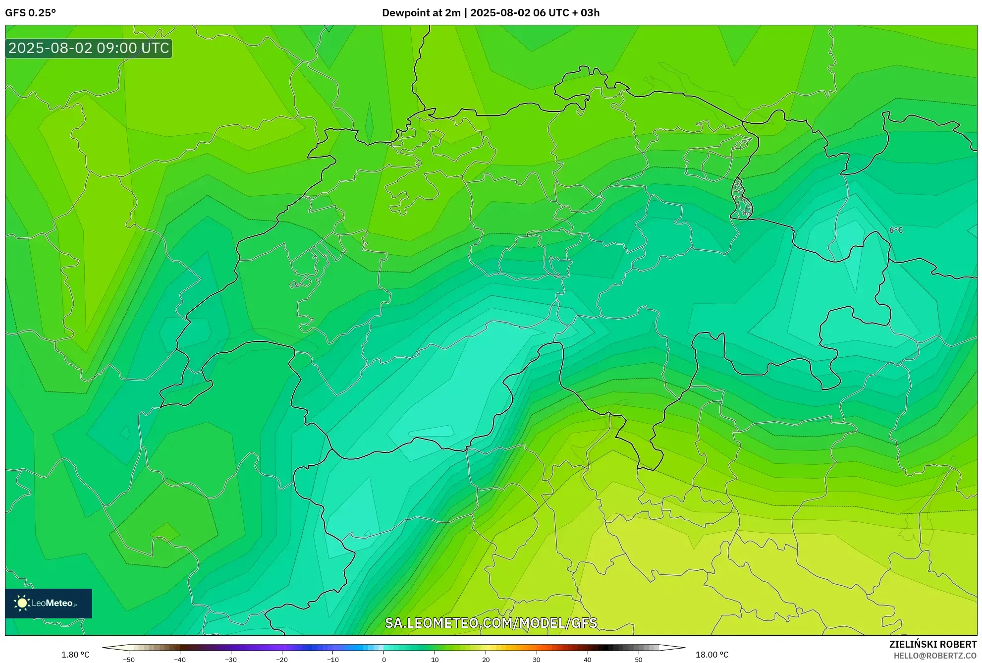 GFS model - Swiss, Titik Embun 2 m GFS model - Swiss, Titik Embun 2 m