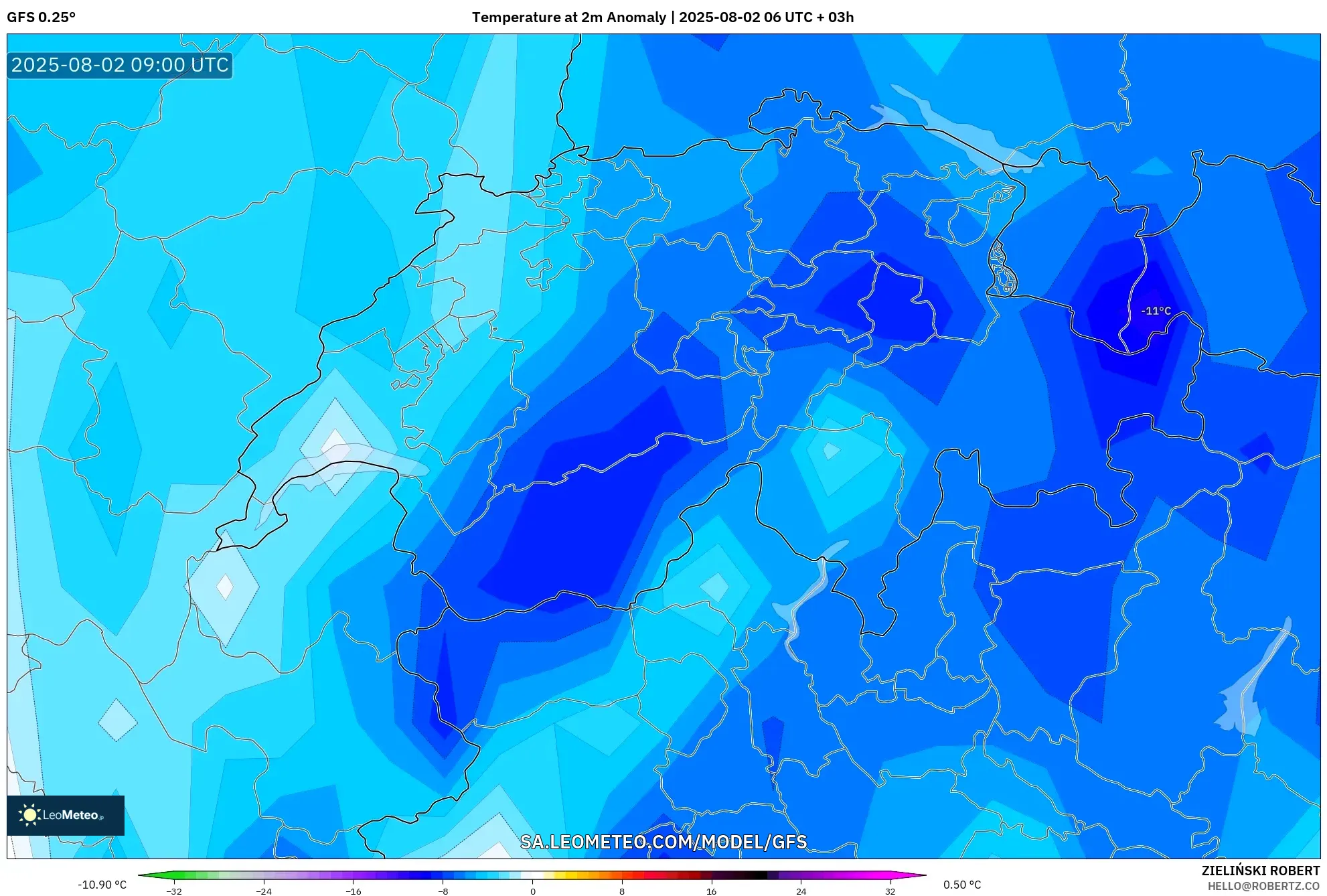 GFS model - Swiss, Anomali Suhu 2 m GFS model - Swiss, Anomali Suhu 2 m