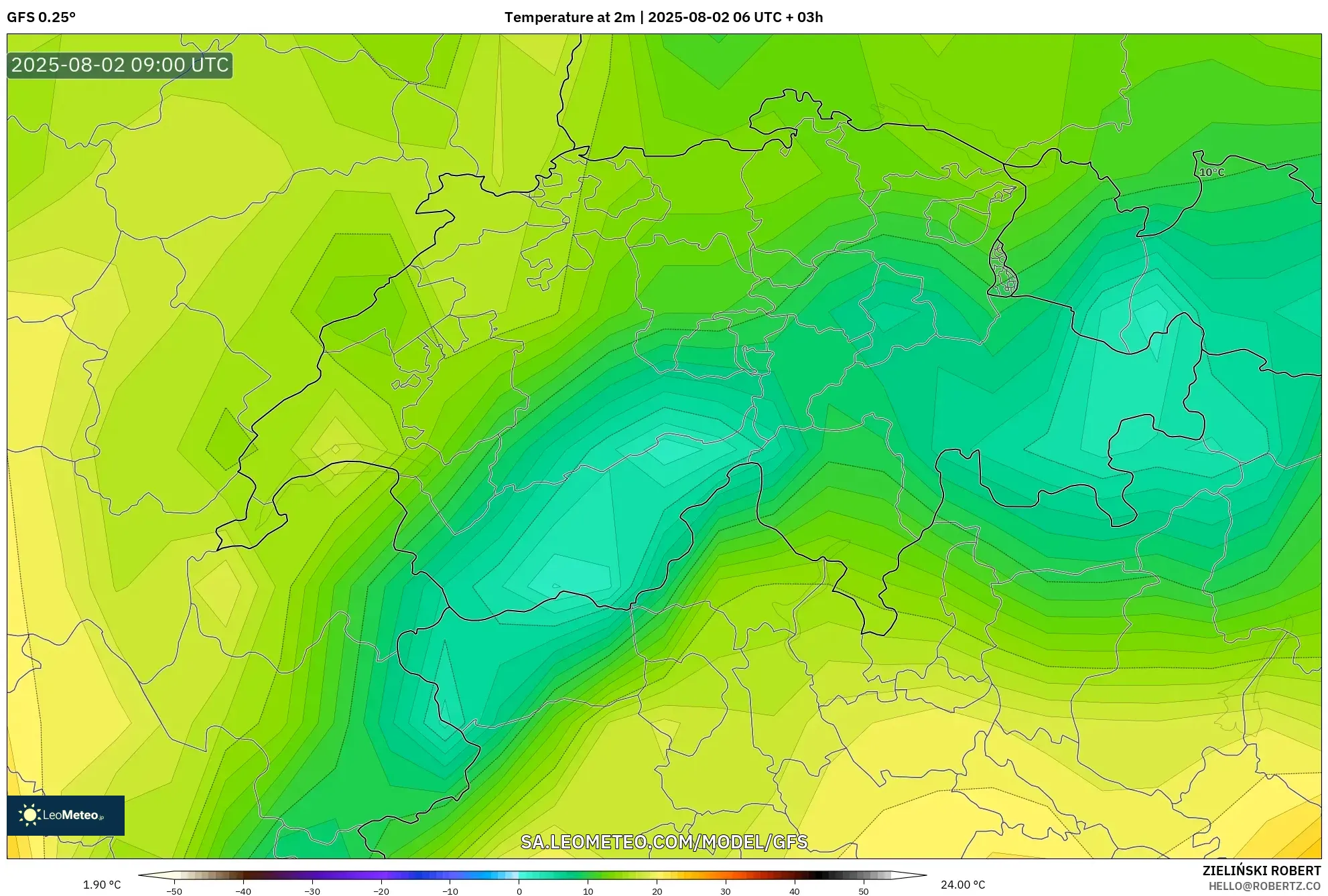 GFS model - Swiss, Suhu 2 m GFS model - Swiss, Suhu 2 m
