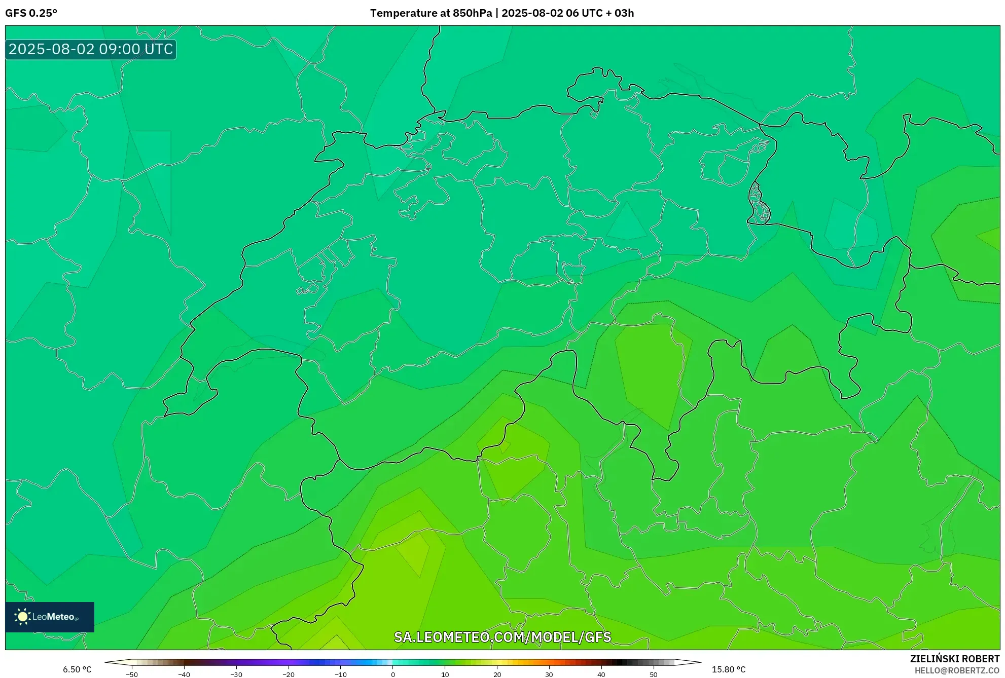 GFS model - Swiss, Suhu 850 hPa GFS model - Swiss, Suhu 850 hPa