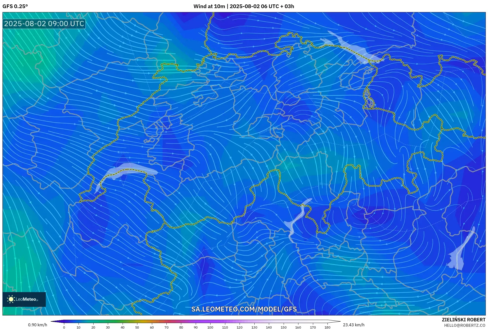 GFS model - Swiss, Angin 10 m GFS model - Swiss, Angin 10 m