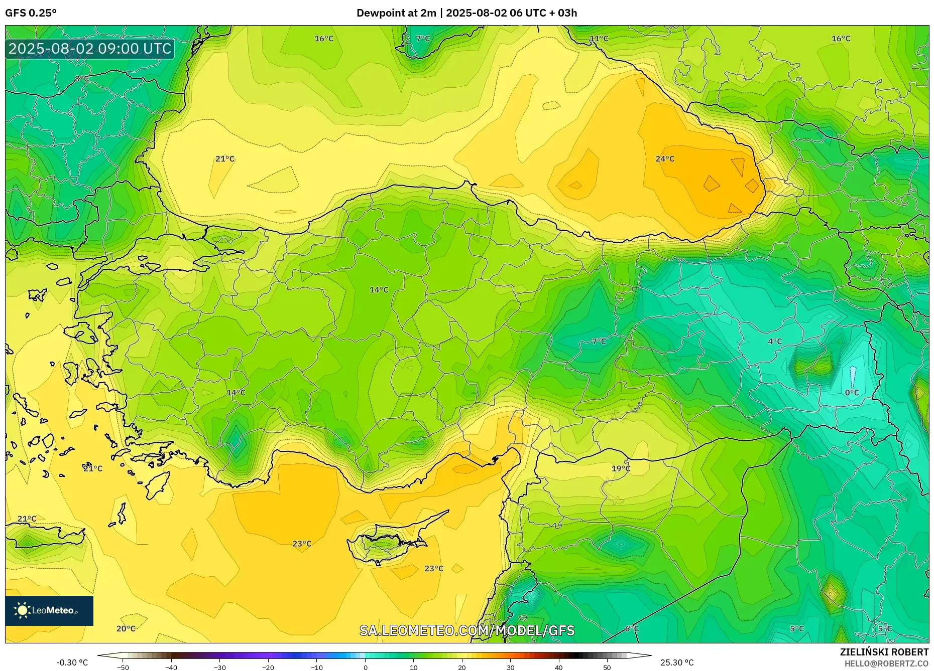 GFS model - Turki, Takat Embun 2 m GFS model - Turki, Takat Embun 2 m