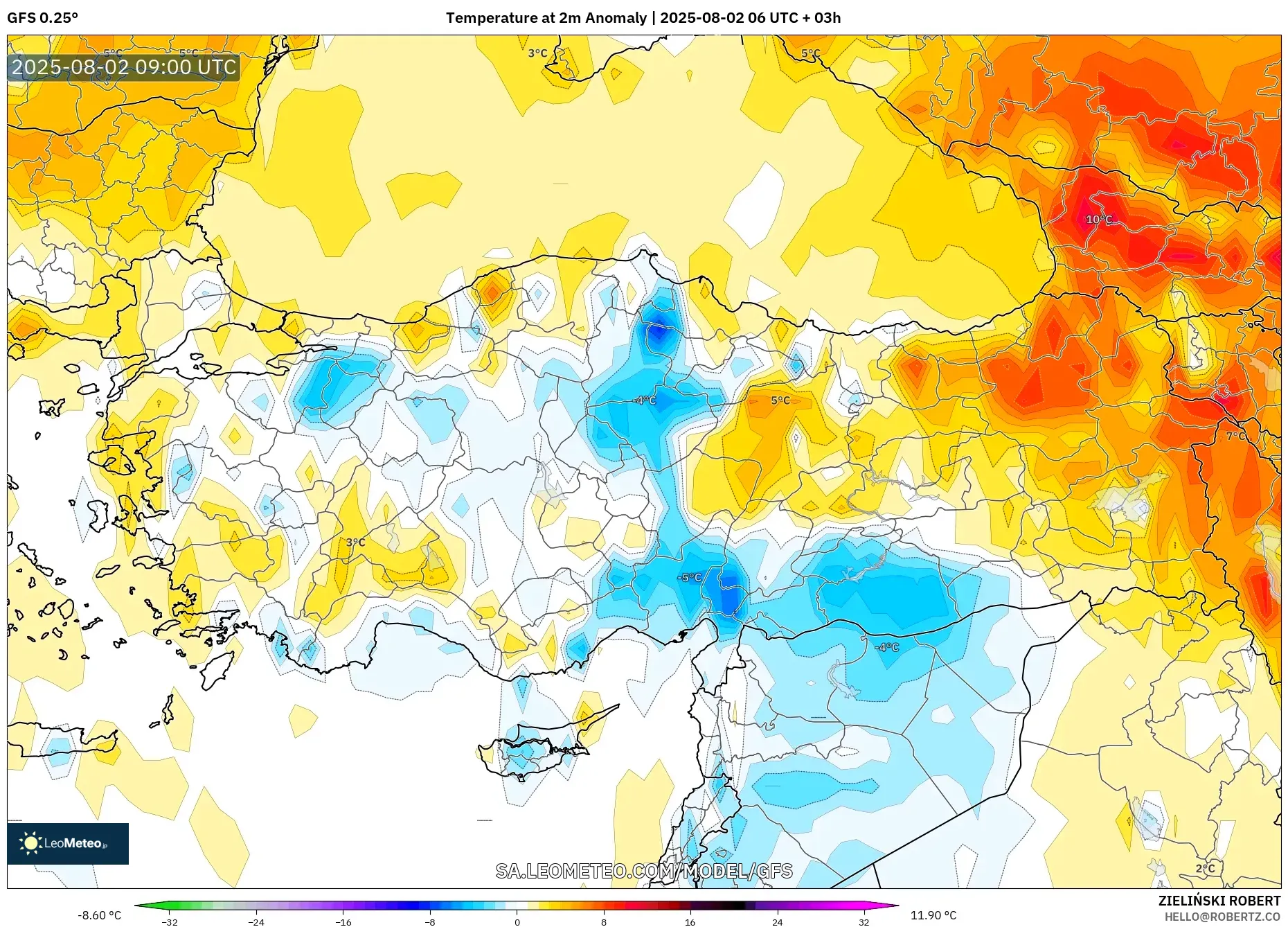 GFS model - Turki, Anomali Suhu 2 m GFS model - Turki, Anomali Suhu 2 m