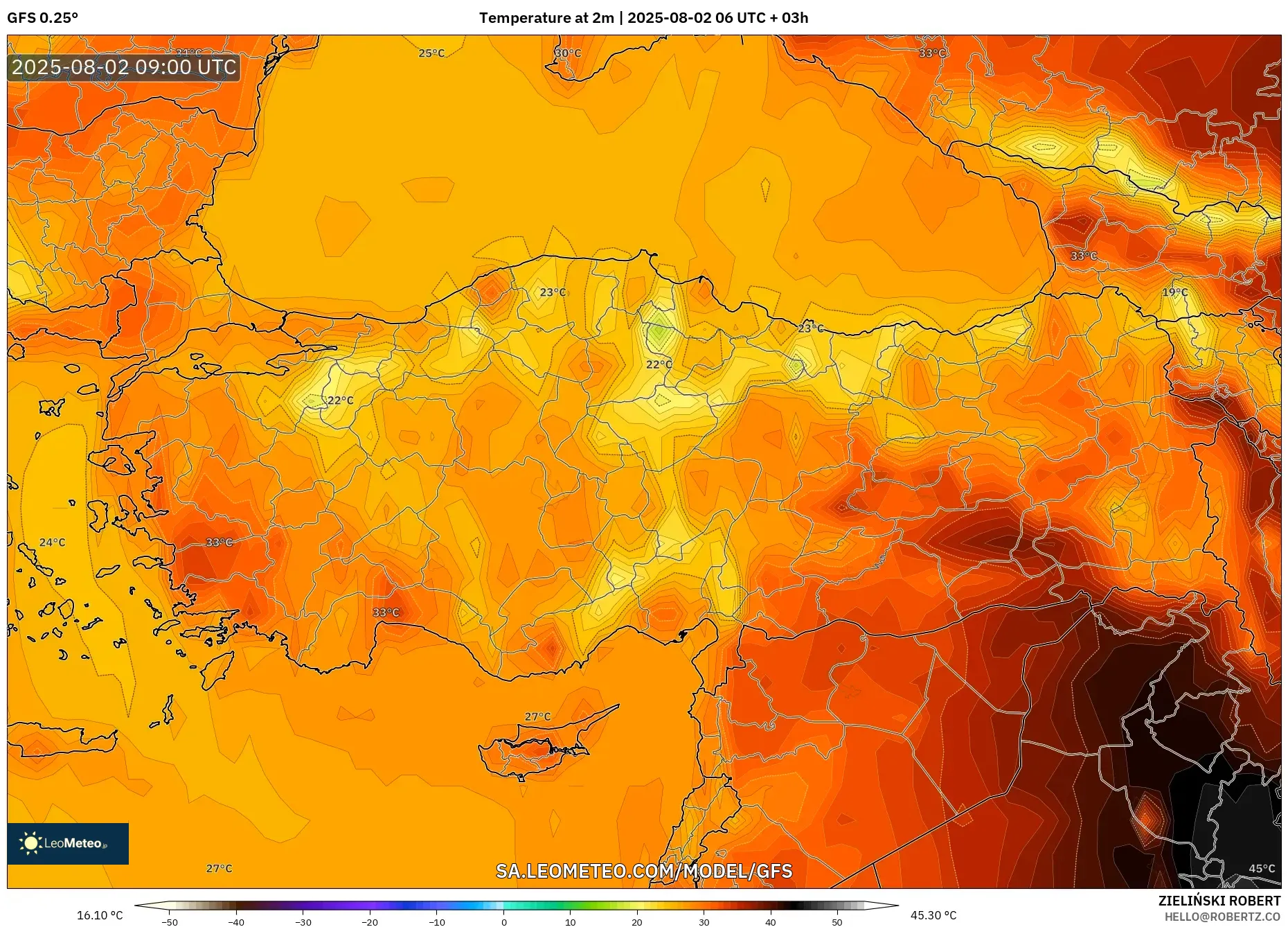 GFS model - Turki, Suhu 2 m