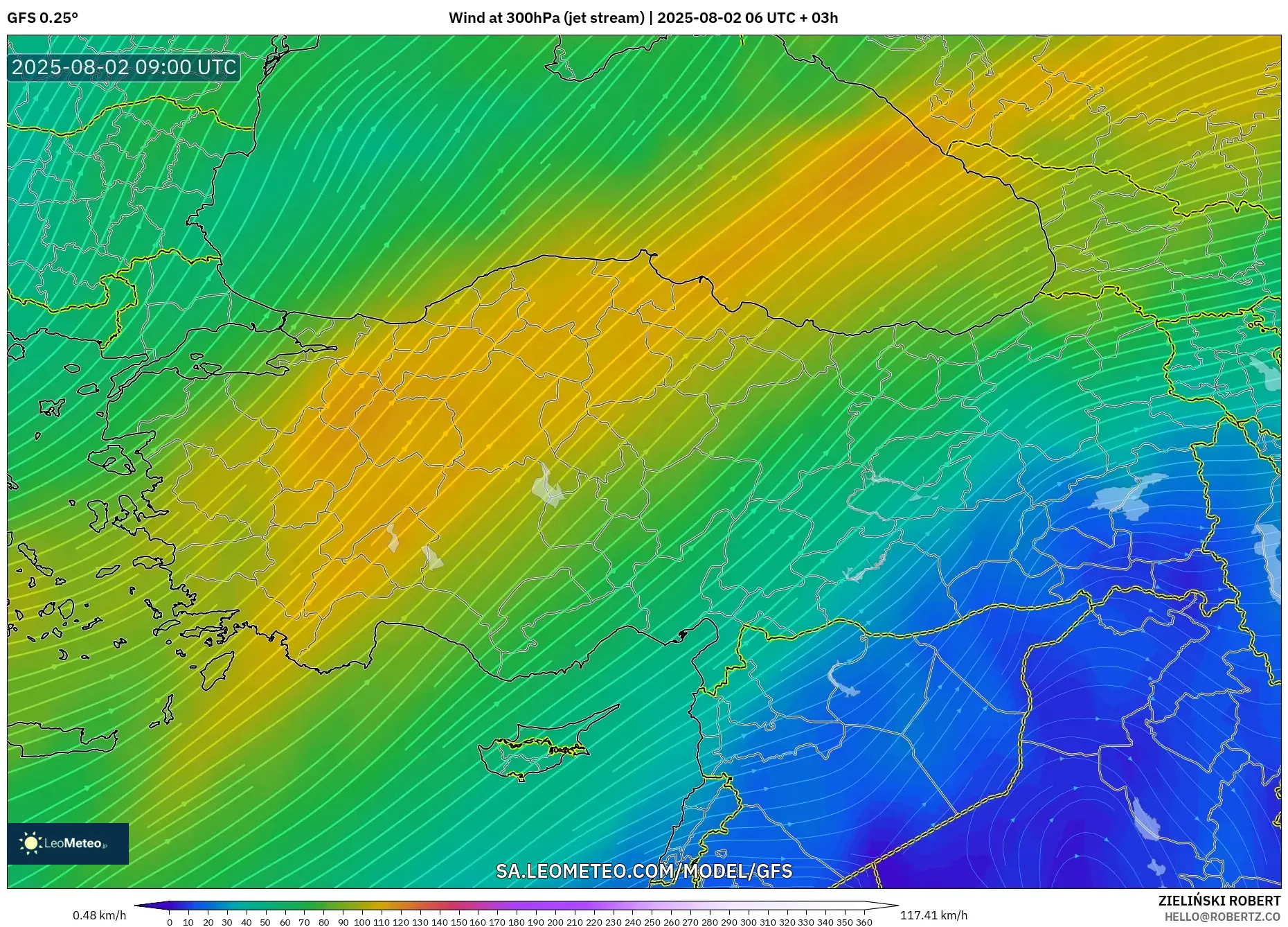 GFS model - Turki, Angin 300 hPa (aliran jet)