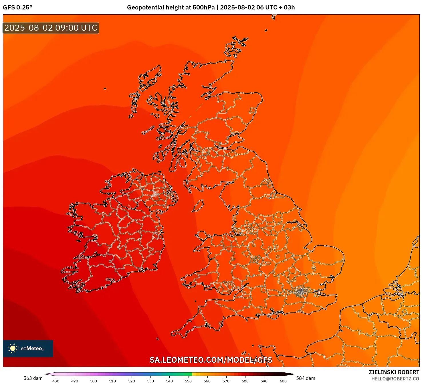 GFS model - United Kingdom, Ketinggian geopotensial pada 500 hPa GFS model - United Kingdom, Ketinggian geopotensial pada 500 hPa