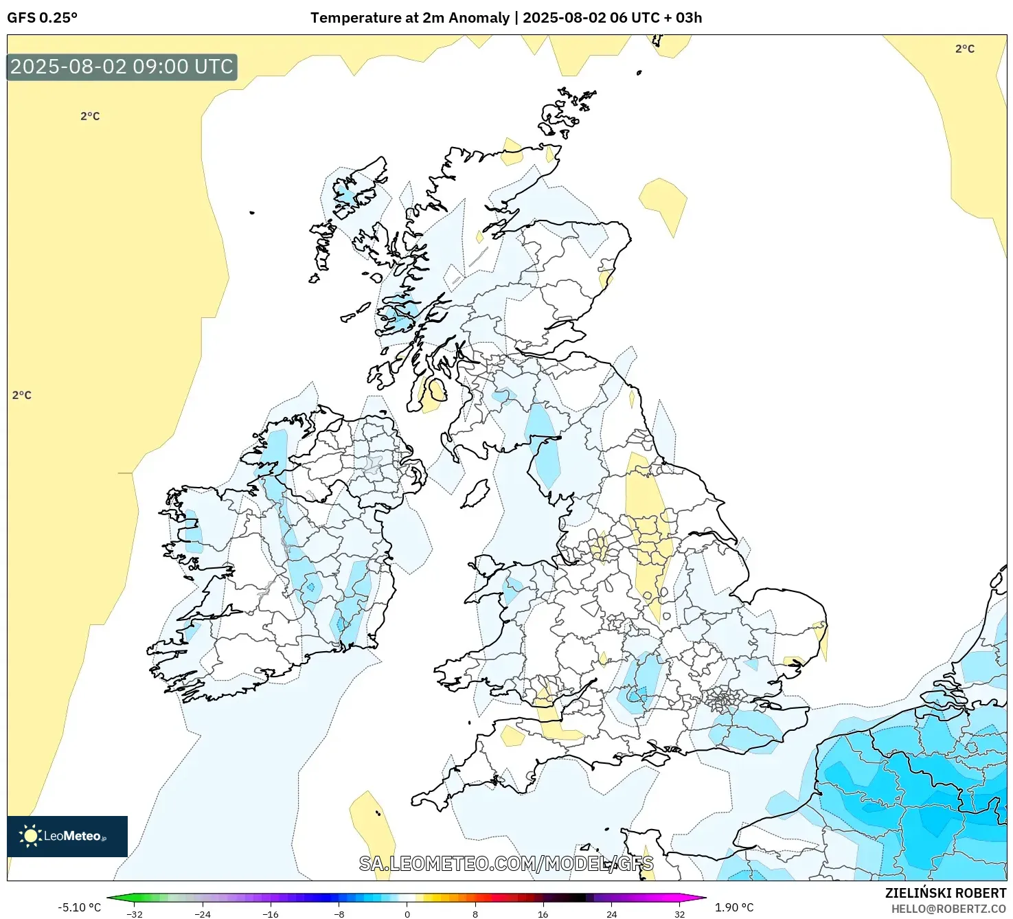 GFS model - United Kingdom, Anomali Suhu 2 m GFS model - United Kingdom, Anomali Suhu 2 m