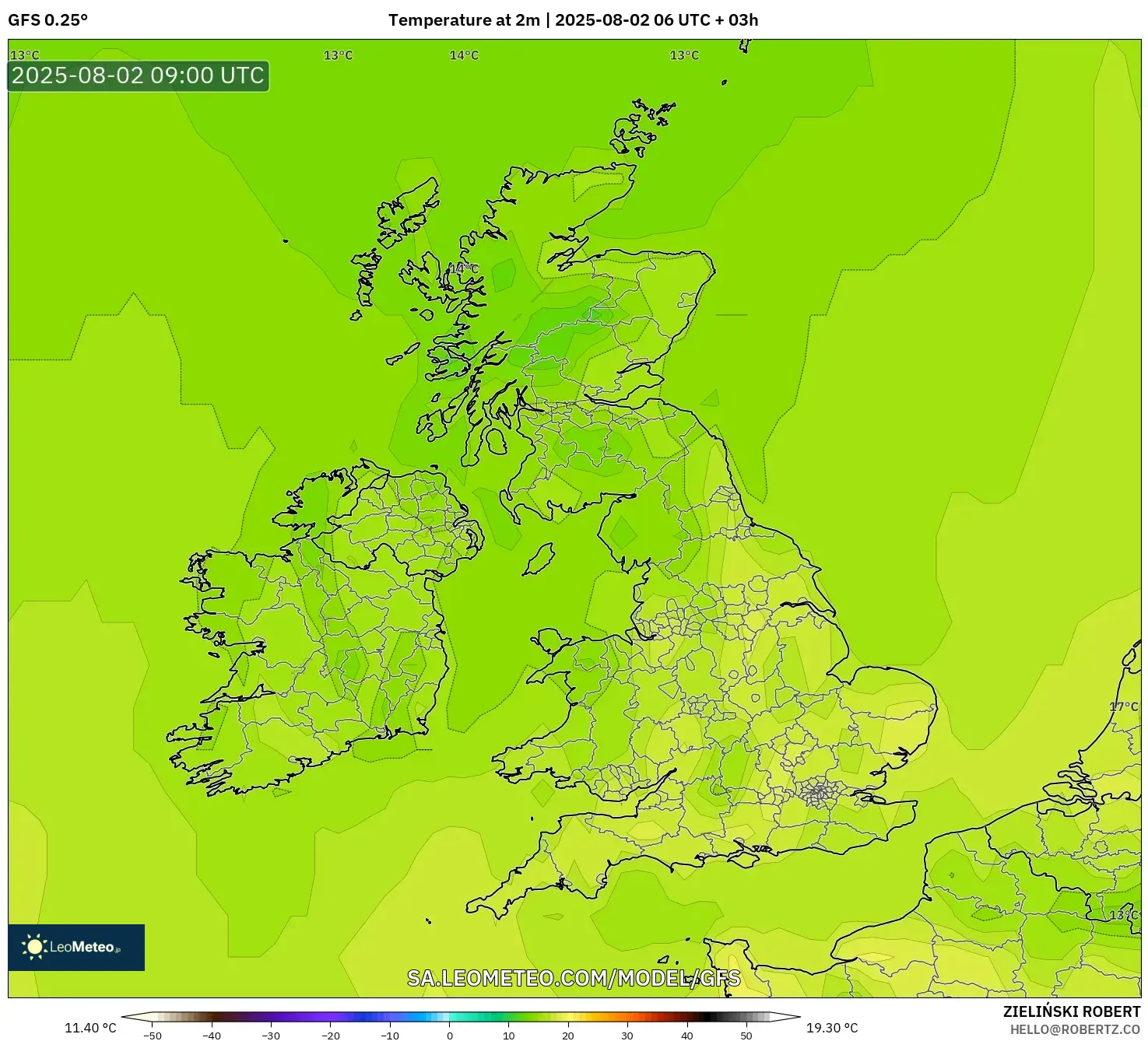 GFS model - United Kingdom, Suhu pada 2 m GFS model - United Kingdom, Suhu pada 2 m
