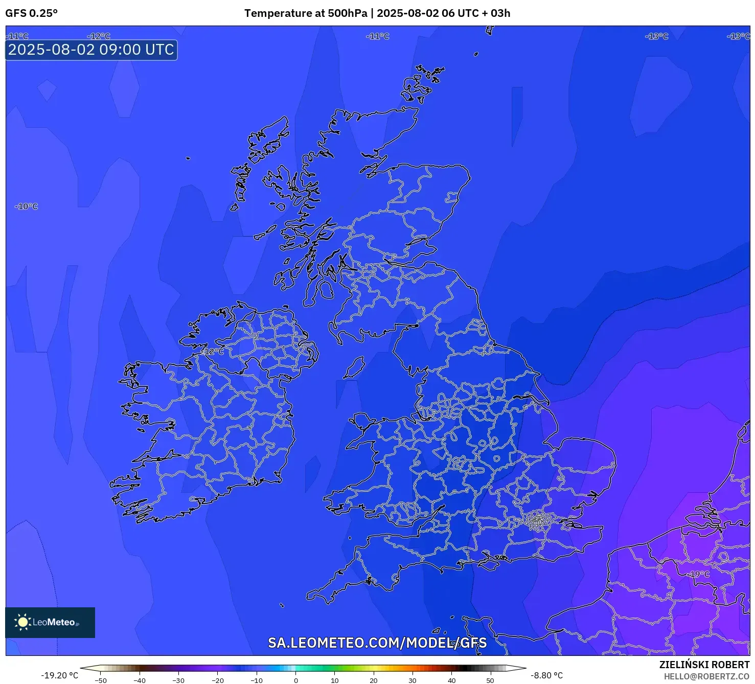 GFS model - Britania Raya, Suhu 500 hPa GFS model - Britania Raya, Suhu 500 hPa