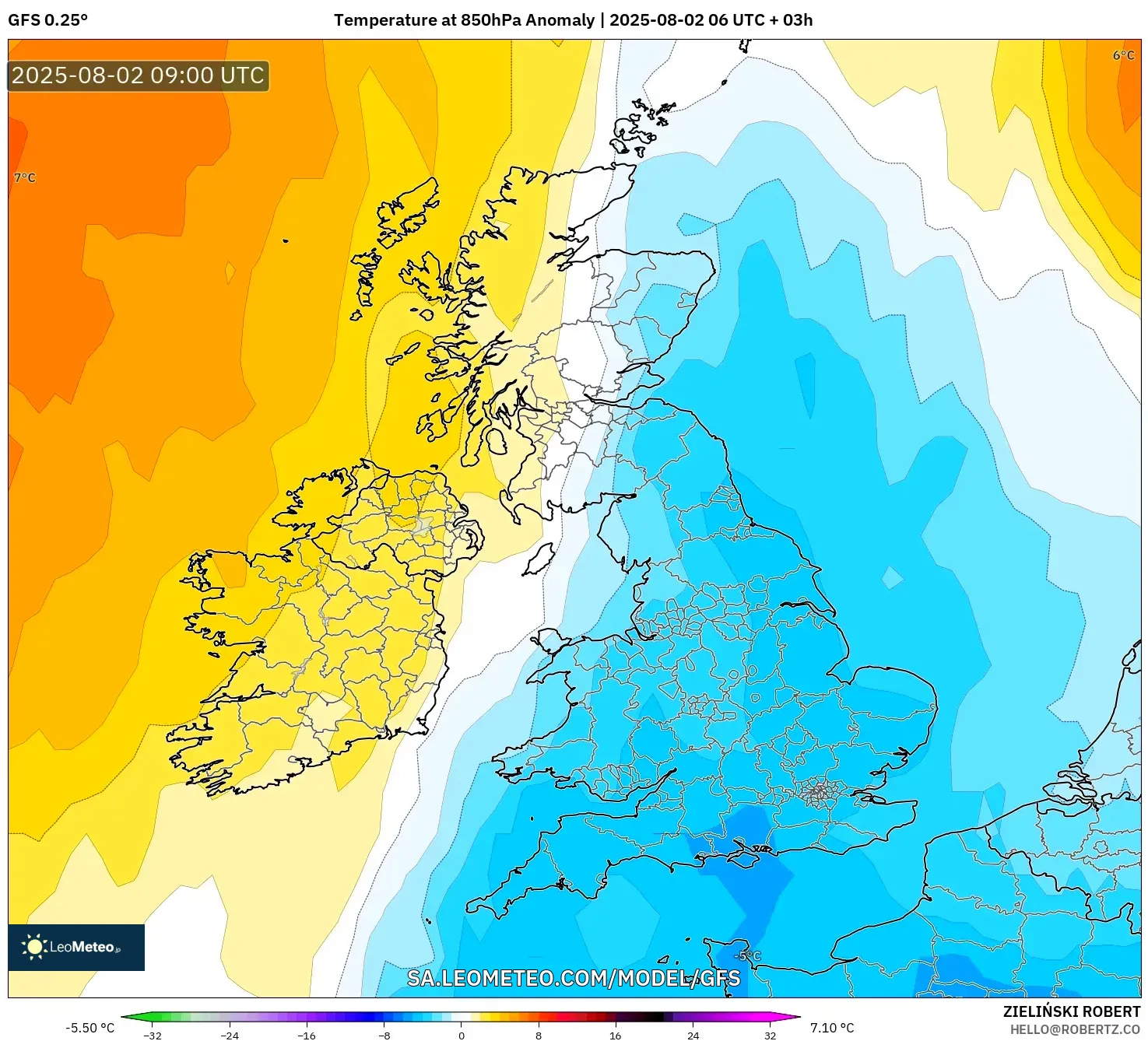 GFS model - Britania Raya, Anomali Suhu 850 hPa