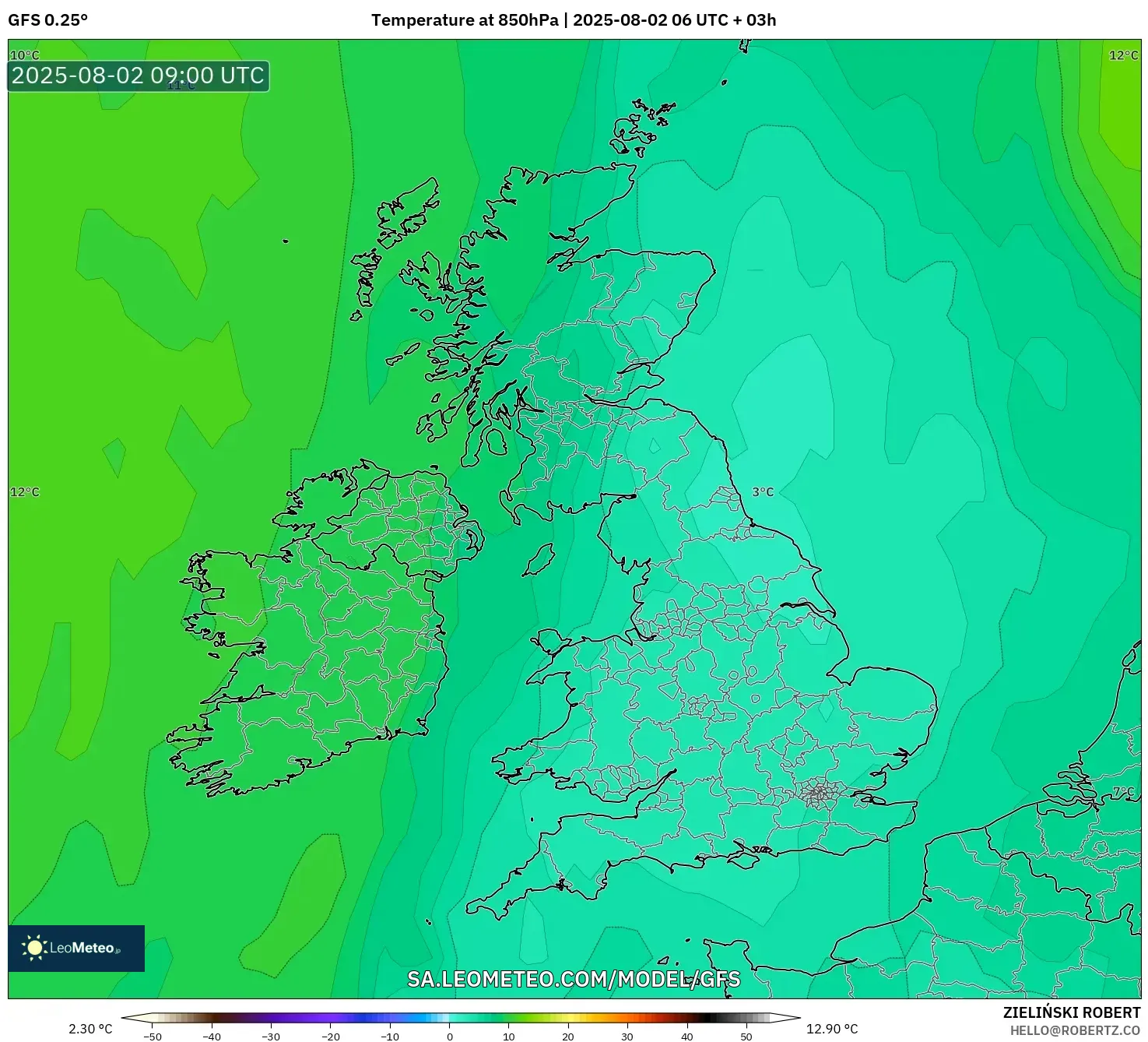 GFS model - United Kingdom, Suhu 850 hPa GFS model - United Kingdom, Suhu 850 hPa