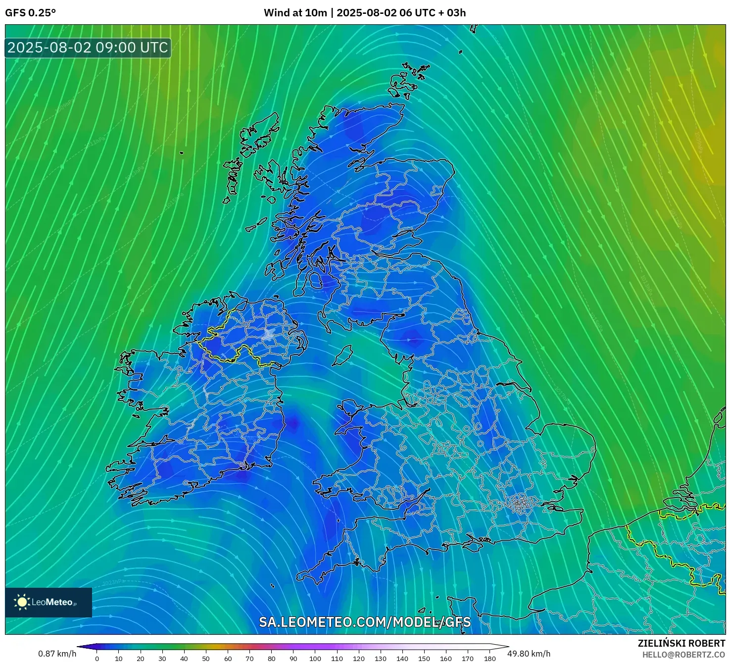 GFS model - Britania Raya, Angin 10 m GFS model - Britania Raya, Angin 10 m