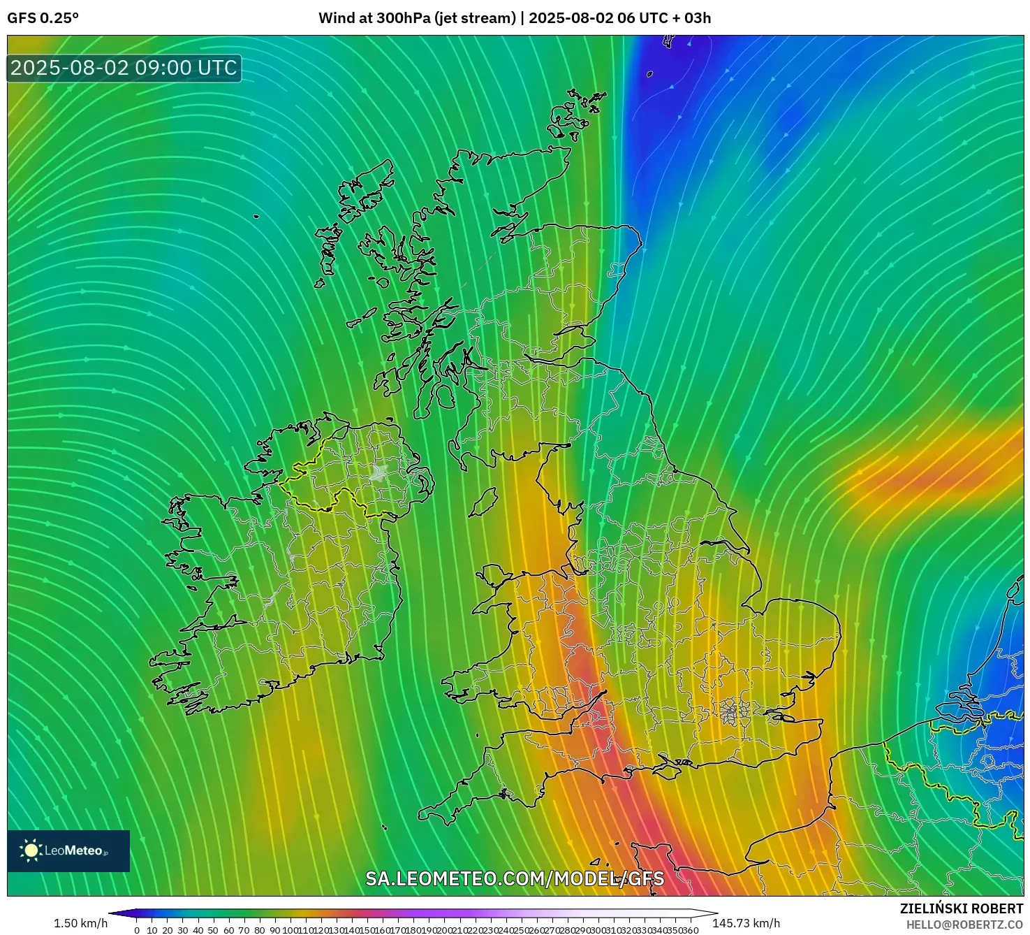 GFS model - United Kingdom, Angin 300 hPa (aliran jet) GFS model - United Kingdom, Angin 300 hPa (aliran jet)