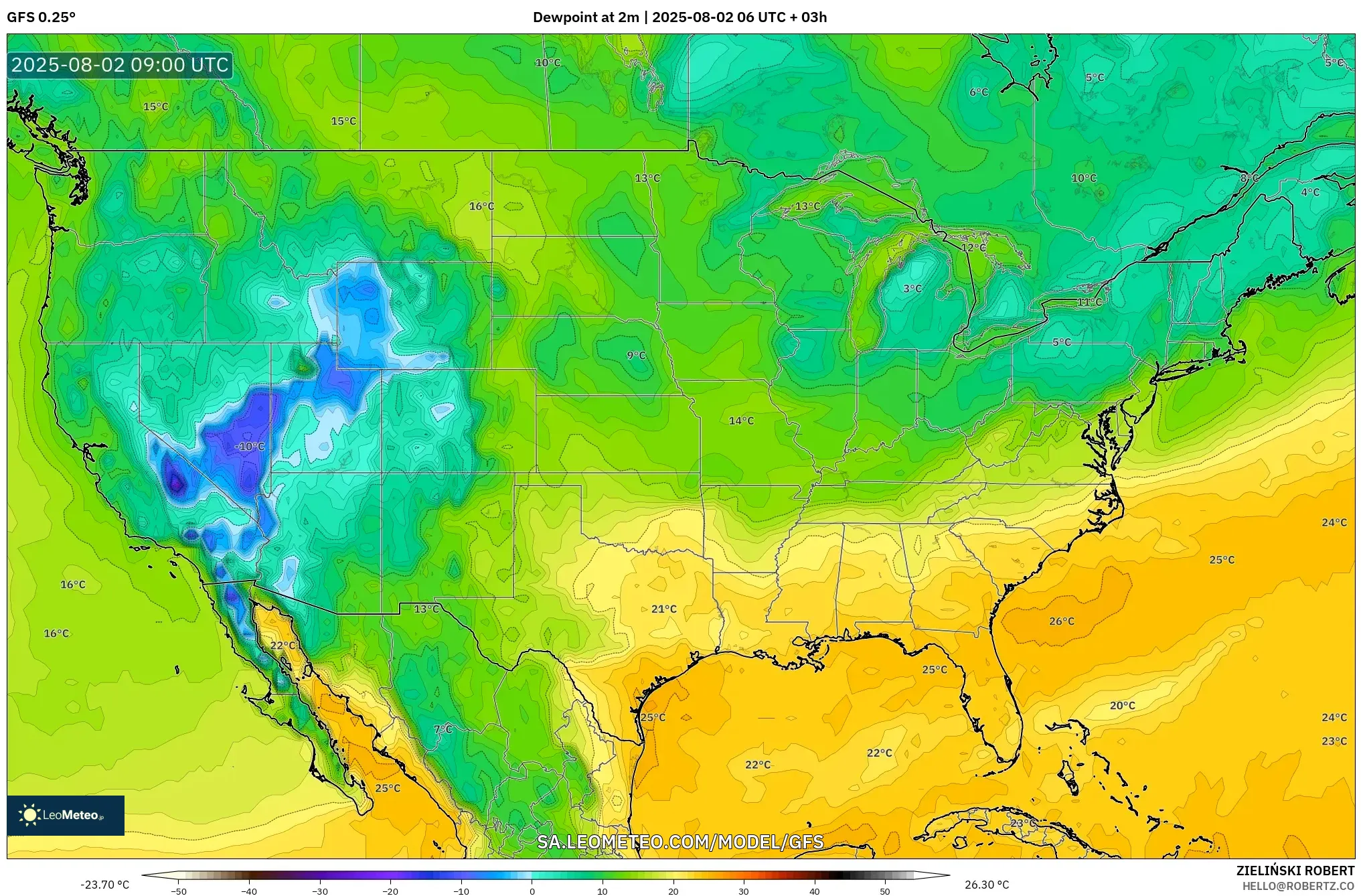 GFS model - Amerika Serikat, Titik Embun 2 m GFS model - Amerika Serikat, Titik Embun 2 m