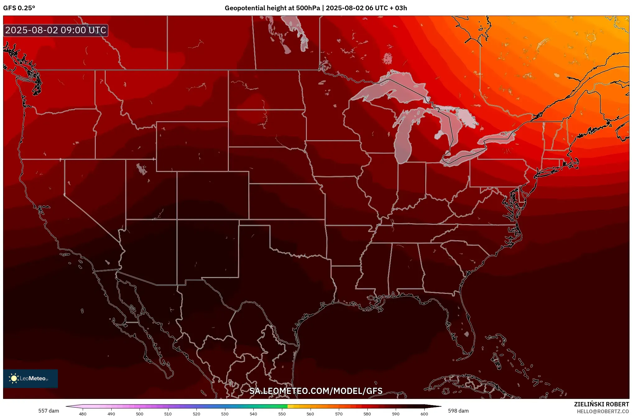 GFS model - Amerika Syarikat, Ketinggian geopotensial pada 500 hPa GFS model - Amerika Syarikat, Ketinggian geopotensial pada 500 hPa