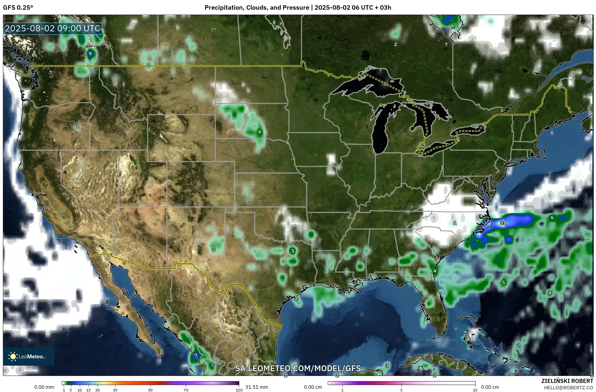 GFS model - Amerika Serikat, Curah Hujan, Awan, dan Tekanan GFS model - Amerika Serikat, Curah Hujan, Awan, dan Tekanan