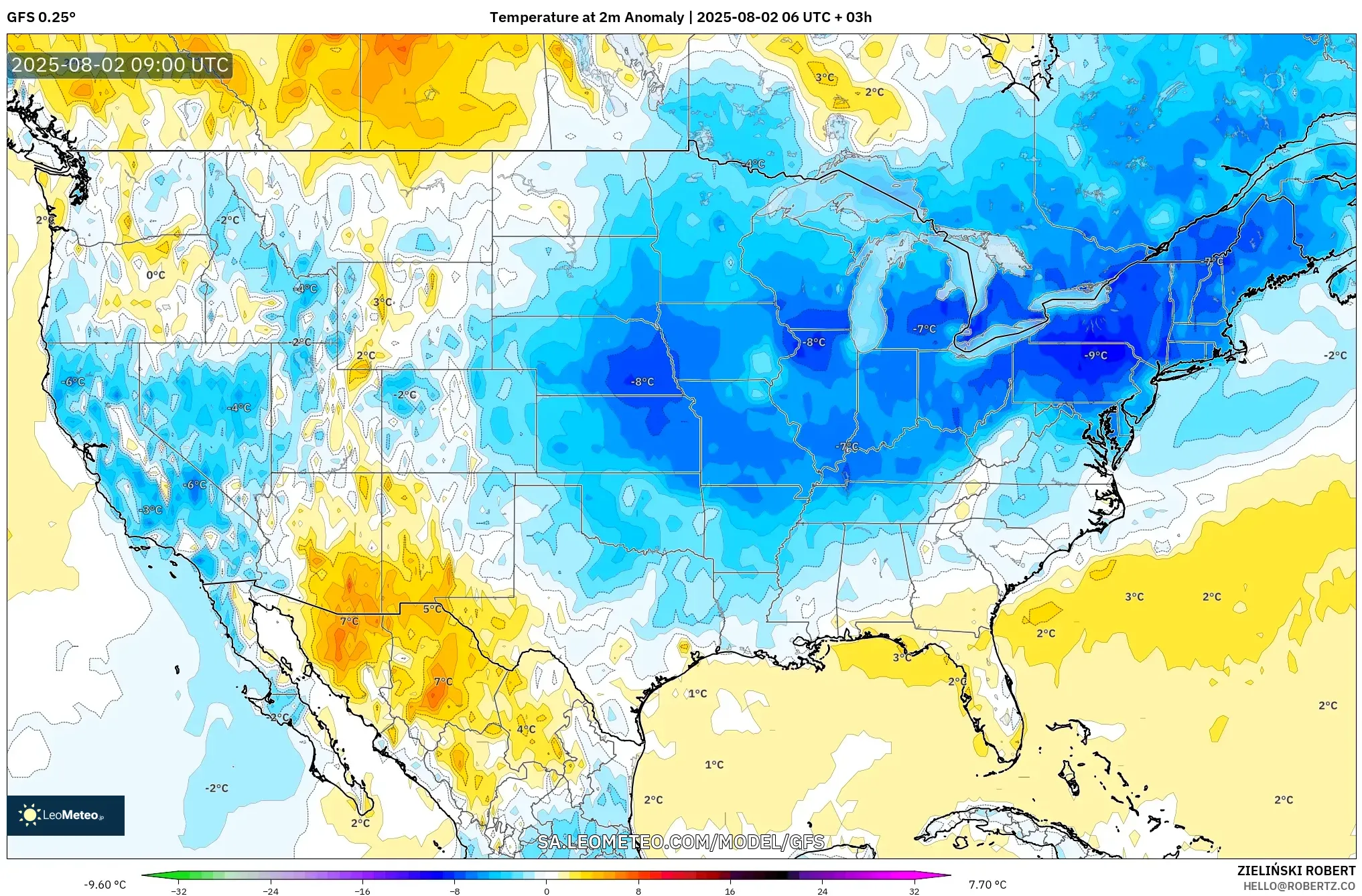 GFS model - Amerika Serikat, Anomali Suhu 2 m GFS model - Amerika Serikat, Anomali Suhu 2 m