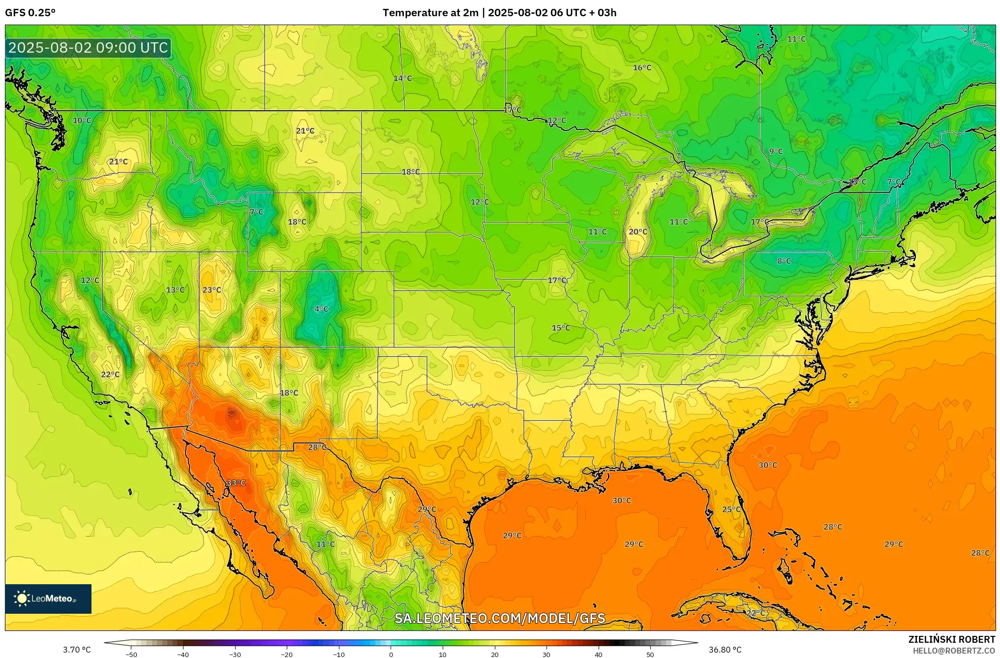 GFS model - Amerika Serikat, Suhu 2 m